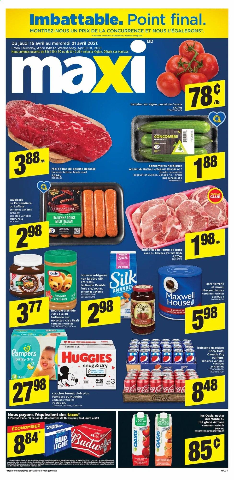 thumbnail - Maxi & Cie Flyer - April 15, 2021 - April 21, 2021 - Sales products - cucumber, Kraft®, sausage, Silk, Canada Dry, Coca-Cola, Pepsi, juice, AriZona, Maxwell House, beer, Bud Light, Huggies, Palette, Pampers. Page 1.
