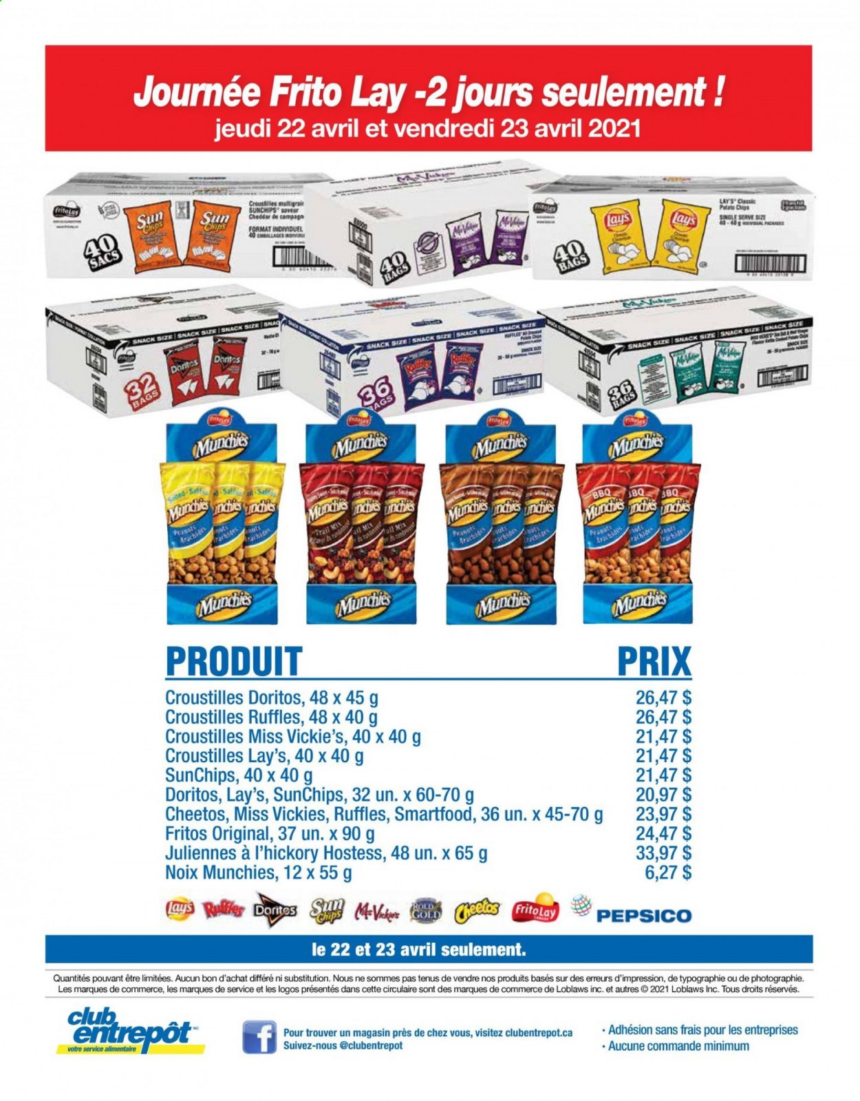 thumbnail - Wholesale Club Flyer - April 22, 2021 - April 23, 2021 - Sales products - snack, Doritos, Fritos, Cheetos, Lay’s, Smartfood, Ruffles, trail mix, bag, chips. Page 1.