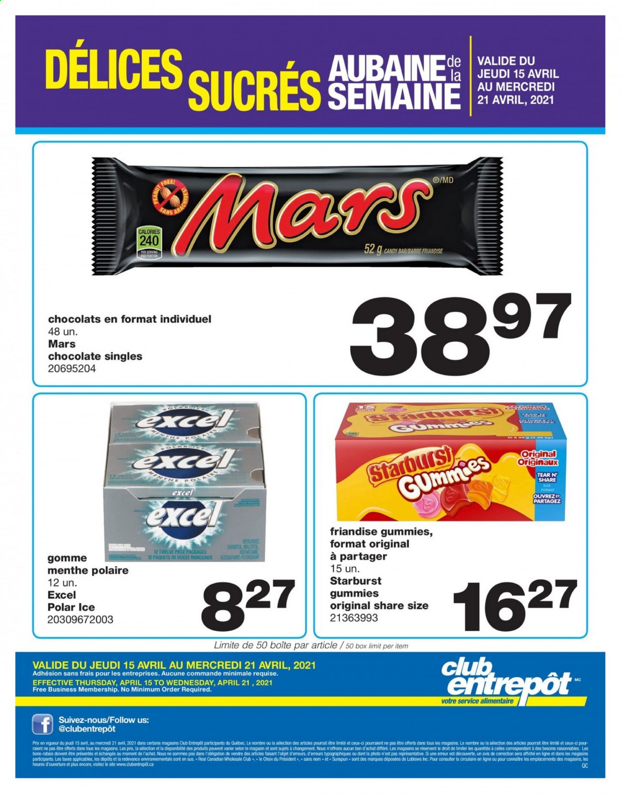 thumbnail - Wholesale Club Flyer - April 15, 2021 - April 21, 2021 - Sales products - Président, chocolate, Mars, Starburst. Page 1.