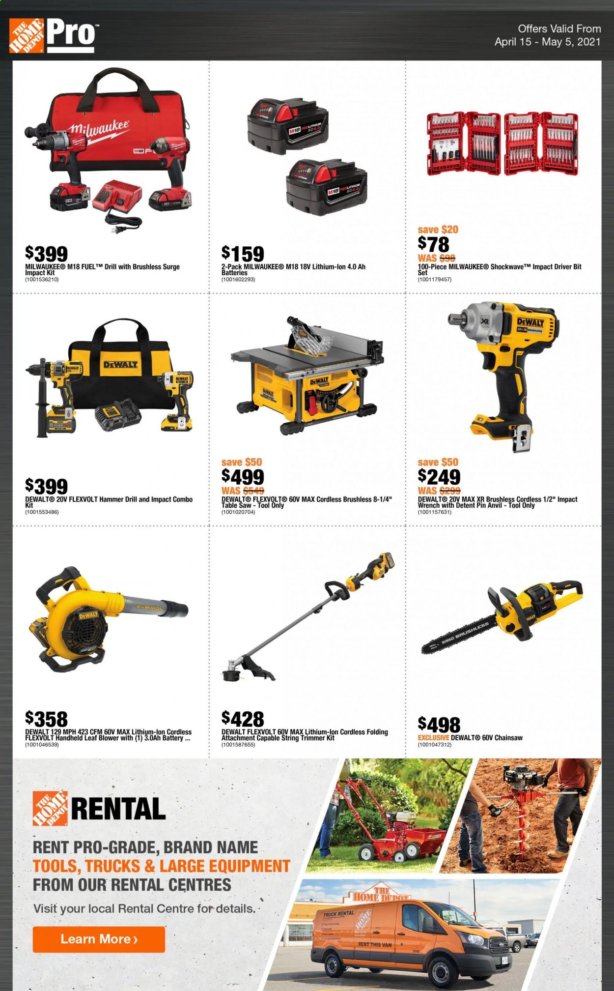 thumbnail - The Home Depot Flyer - April 15, 2021 - May 05, 2021 - Sales products - pin, battery, table, surge, Milwaukee, DeWALT, drill, impact driver, wrench, chain saw, saw, leaf blower, string trimmer, combo kit, blower. Page 1.