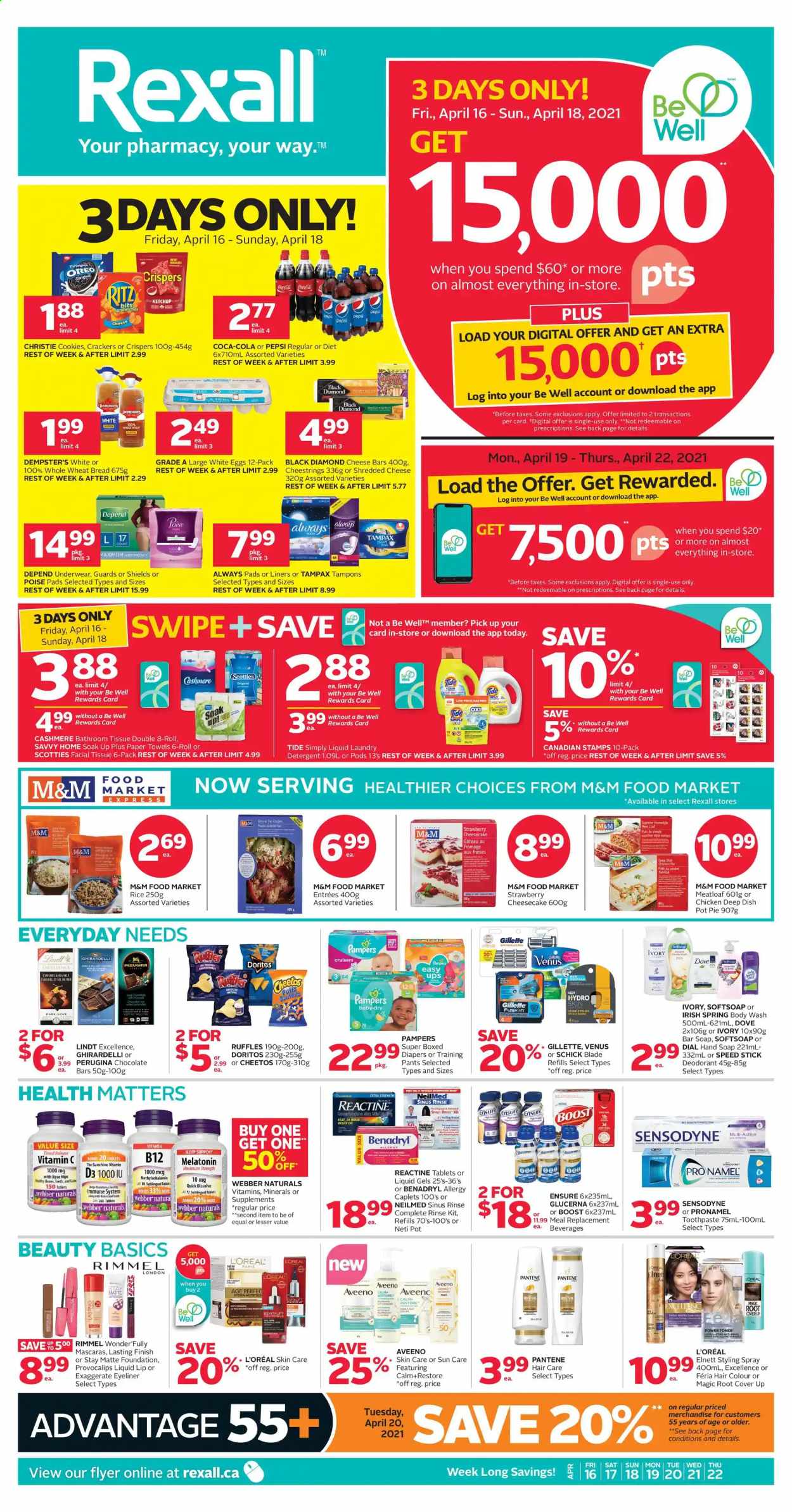 thumbnail - Rexall Flyer - April 16, 2021 - April 22, 2021 - Sales products - cookies, crackers, Ghirardelli, RITZ, chocolate bar, Doritos, Cheetos, Ruffles, Ace, rice, caramel, Coca-Cola, Pepsi, Boost, rosé wine, pants, nappies, Aveeno, bath tissue, kitchen towels, paper towels, Tide, laundry detergent, body wash, Softsoap, hand soap, soap bar, Dial, soap, toothpaste, Always pads, sanitary pads, tampons, L’Oréal, hair color, anti-perspirant, Speed Stick, Schick, Venus, Rimmel, eyeliner, pot, vitamin c, Glucerna, vitamin D3, Oreo, Gillette, Tampax, toner, Pampers, Pantene, Sensodyne, M&M's, deodorant. Page 1.