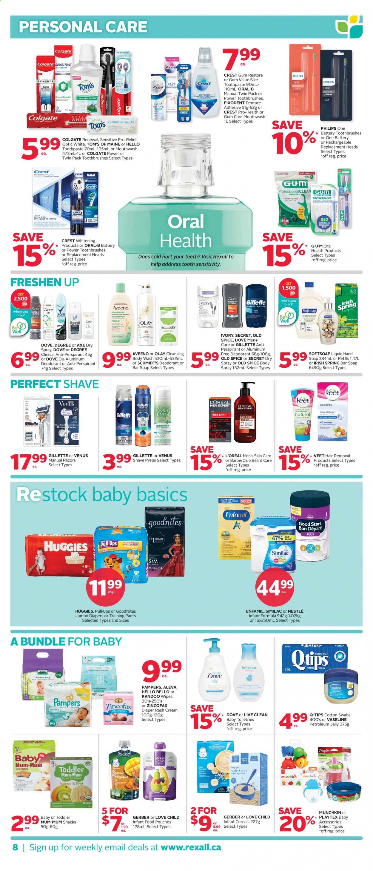 thumbnail - Circulaire Rexall - 16 Avril 2021 - 22 Avril 2021 - Produits soldés - biscuits, Nestlé, Axe, déodorant, Baby Dove, Veet, lingettes, Colgate, Dove, Gillette, Huggies, Old Spice, Oral-b, Pampers, Sonicare. Page 8.