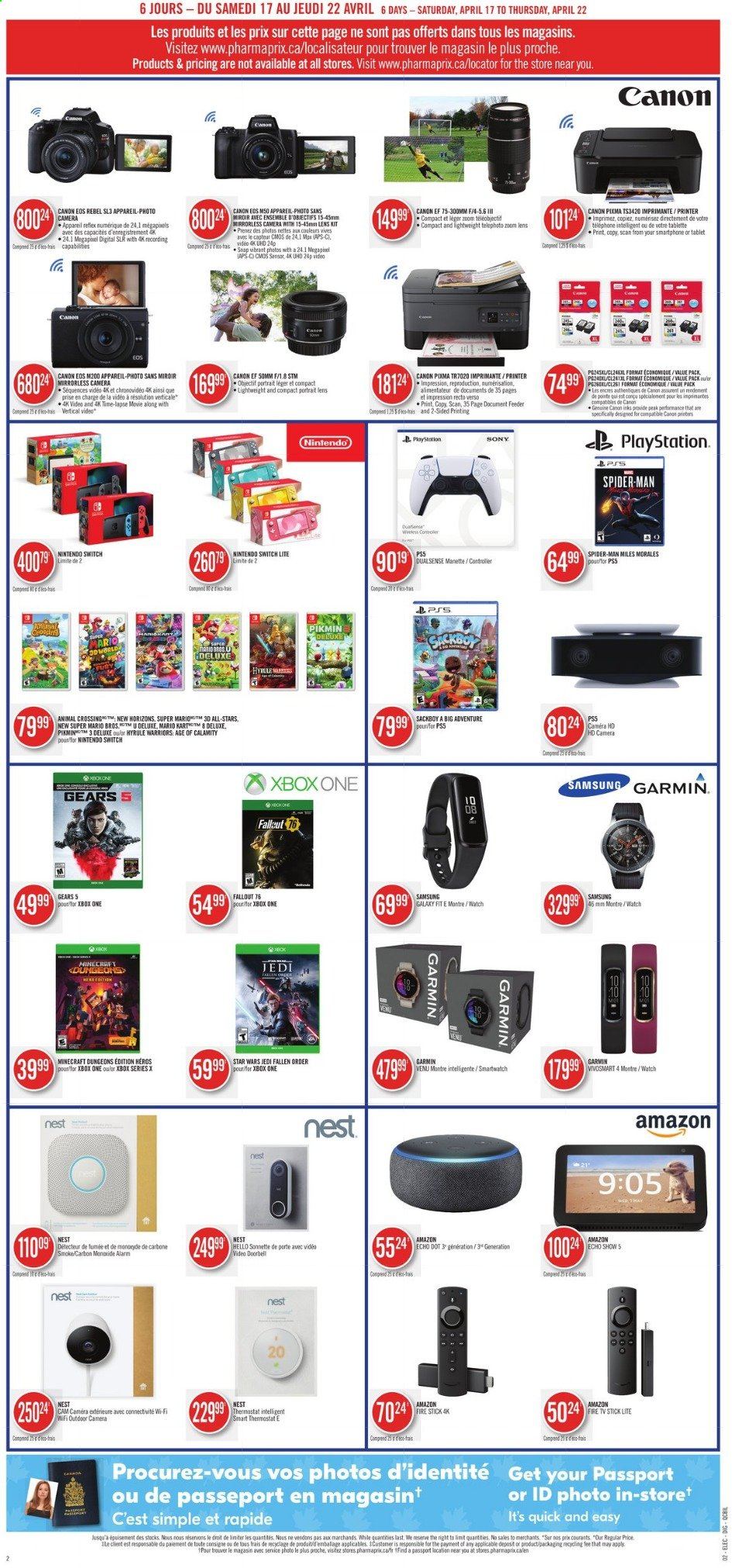 thumbnail - Circulaire Pharmaprix - 17 Avril 2021 - 22 Avril 2021 - Produits soldés - Sony, Samsung, smartphone, tablette, montre, caméra, Canon, Xbox, Xbox One, smartwatch, Nintendo Switch, Playstation. Page 14.
