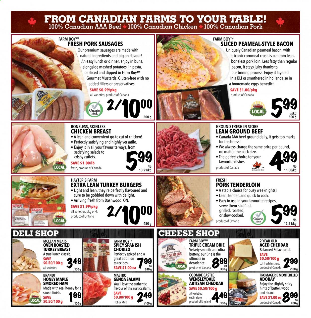 thumbnail - Farm Boy Flyer - April 22, 2021 - April 28, 2021 - Sales products - buns, mashed potatoes, hamburger, pasta, bacon, salami, ham, smoked ham, sausage, Wensleydale, cheddar, cheese, brie, eggs, butter, honey, Castle, chicken breasts, chicken, turkey, beef meat, ground beef, turkey burger, pork loin, pork meat, pork tenderloin, chorizo. Page 3.