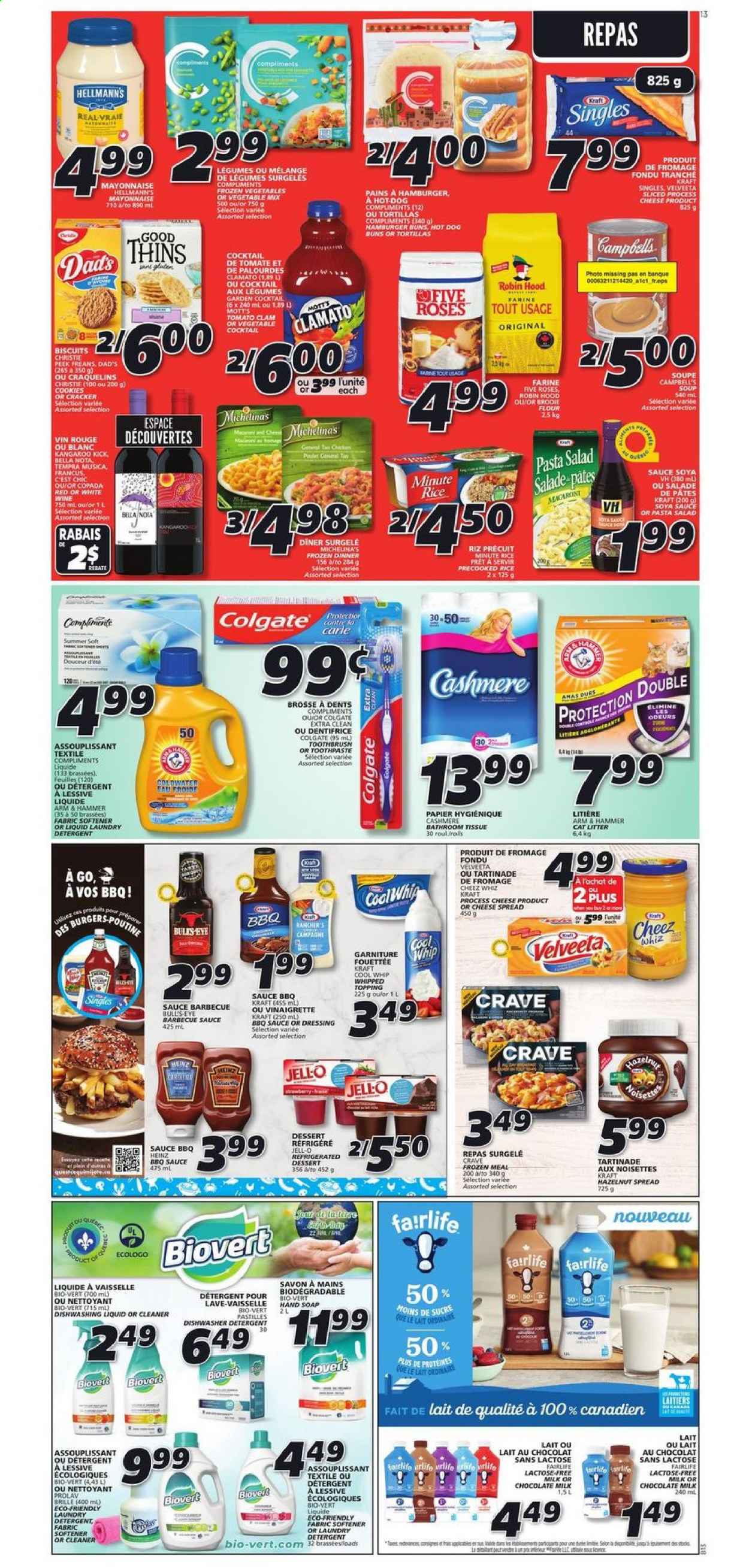 thumbnail - IGA Flyer - April 22, 2021 - April 28, 2021 - Sales products - tortillas, buns, burger buns, Bella, salad, Mott's, clams, soup, Kraft®, ham, cheese spread, pasta salad, milk, Cool Whip, mayonnaise, Hellmann’s, frozen vegetables, cookies, milk chocolate, chocolate, crackers, biscuit, pastilles, Thins, ARM & HAMMER, topping, Jell-O, Heinz, rice, BBQ sauce, soy sauce, vinaigrette dressing, dressing, hazelnut spread, Clamato. Page 11.
