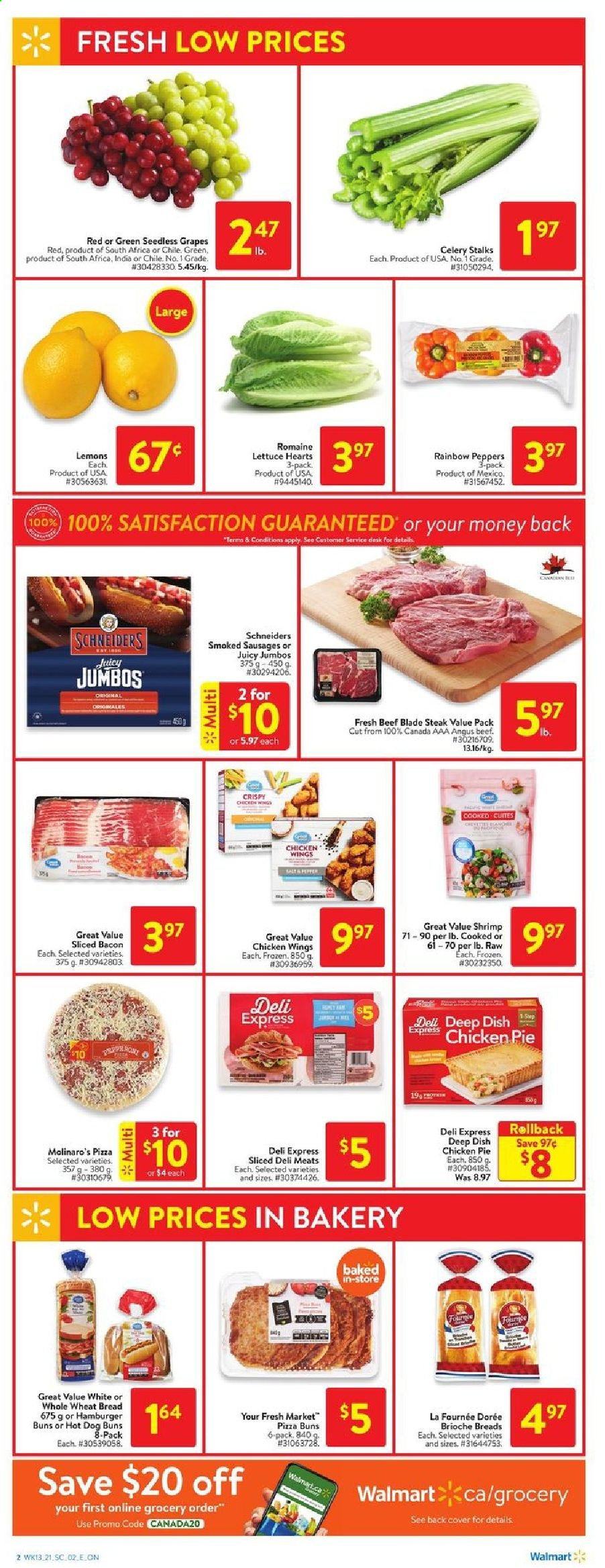thumbnail - Walmart Flyer - April 22, 2021 - April 28, 2021 - Sales products - wheat bread, pie, buns, burger buns, brioche, celery, lettuce, peppers, sleeved celery, grapes, seedless grapes, lemons, shrimps, pizza, bacon, sausage, chicken wings, beef meat, steak. Page 2.