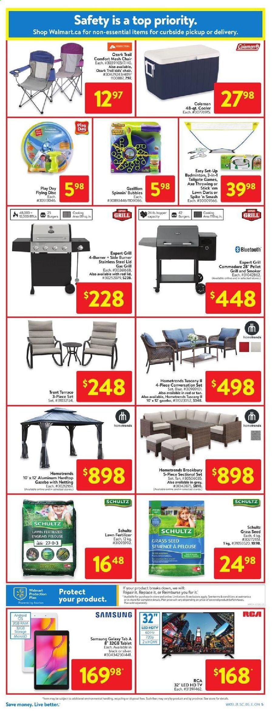 thumbnail - Walmart Flyer - April 22, 2021 - April 28, 2021 - Sales products - Samsung Galaxy, Samsung Galaxy Tab, hamburger, lid, plant seeds, RCA, HDTV, TV, chair, 5-piece sectional, Coleman, pellet gun, gazebo, gas grill, grill, grill and smoker, smoker, pellet grill, fertilizer, grass seed, Samsung, tablet. Page 9.