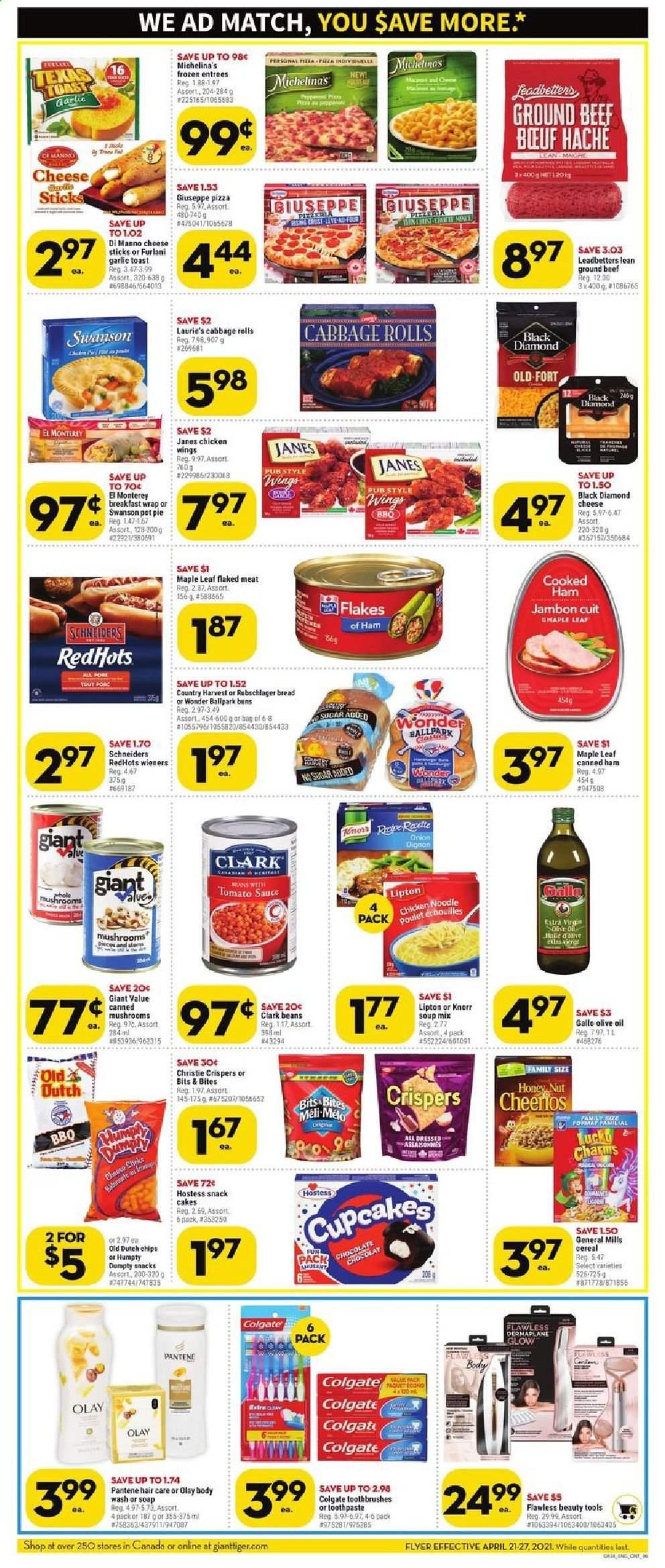 thumbnail - Giant Tiger Flyer - April 21, 2021 - April 27, 2021 - Sales products - bread, cake, pie, buns, cupcake, pot pie, beans, cabbage, pizza, soup mix, soup, sauce, cooked ham, ham, Country Harvest, cheese sticks, chocolate, snack, tomato sauce, canned mushrooms, cereals, Cheerios, olive oil, oil, beef meat, ground beef, body wash, soap, toothpaste, Olay, pot, dress, Knorr, Pantene. Page 2.