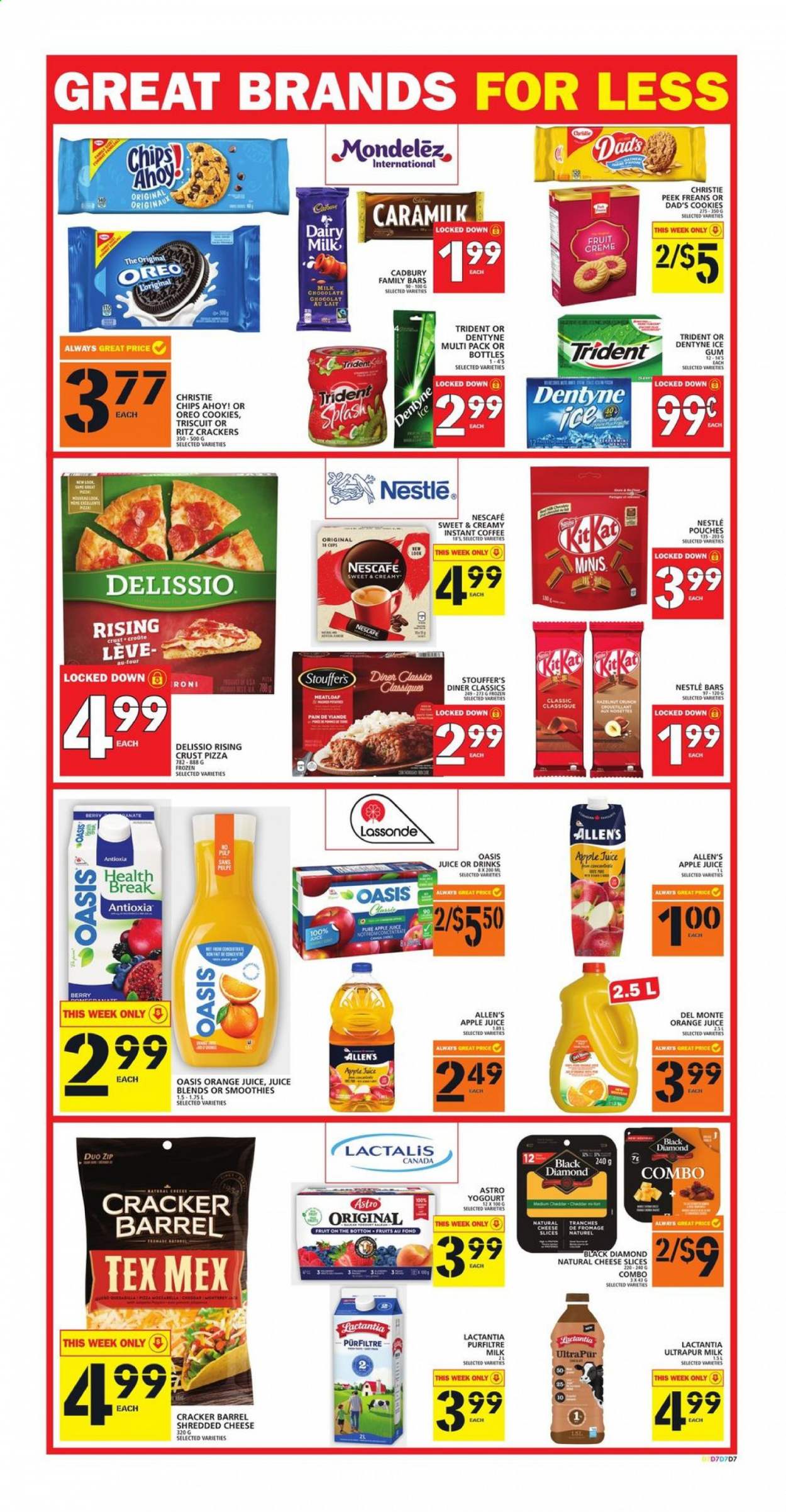 thumbnail - Food Basics Flyer - April 22, 2021 - April 28, 2021 - Sales products - pizza, shredded cheese, sliced cheese, Oreo, Stouffer's, cookies, crackers, Cadbury, Dairy Milk, Trident, Chips Ahoy!, RITZ, apple juice, orange juice, juice, instant coffee, Nestlé, Nescafé. Page 8.