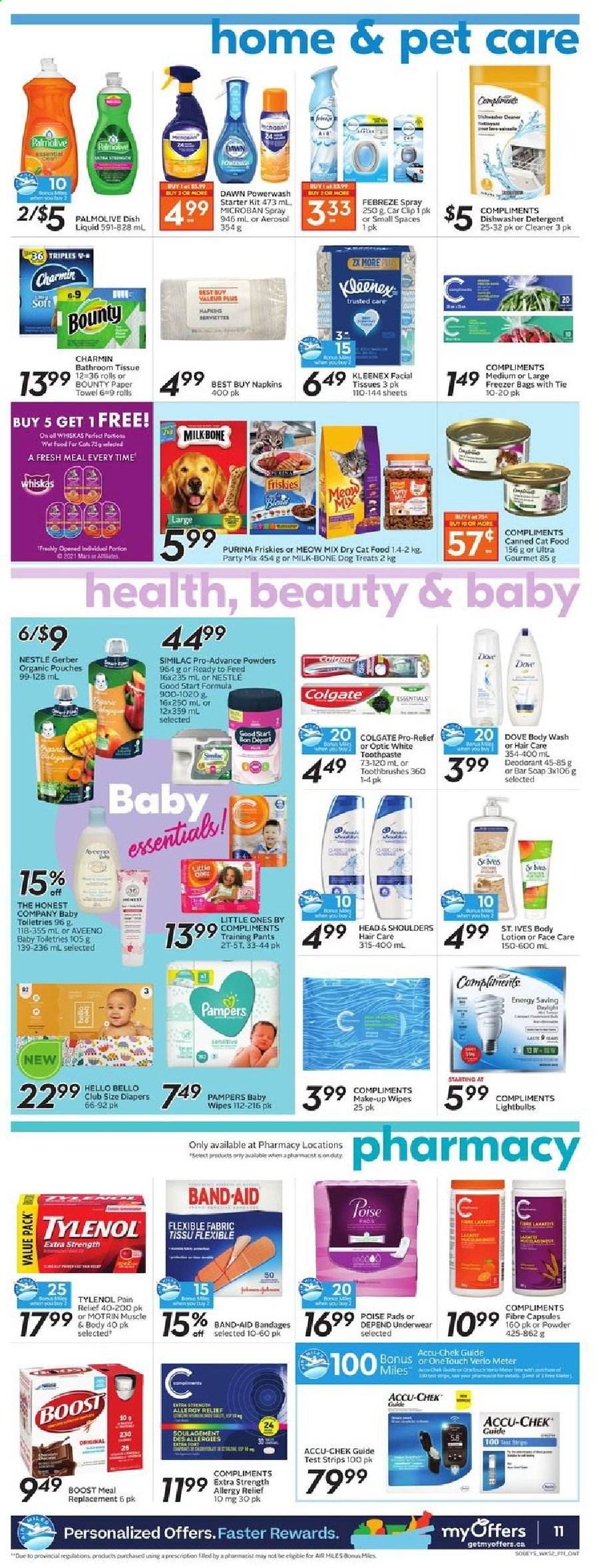 thumbnail - Sobeys Flyer - April 22, 2021 - April 28, 2021 - Sales products - milk, Bounty, Gerber, Boost, Similac, wipes, pants, baby wipes, nappies, napkins, baby pants, Aveeno, Kleenex, tissues, paper towels, Charmin, Febreze, cleaner, dishwashing liquid, body wash, Palmolive, soap bar, soap, toothpaste, facial tissues, body lotion, anti-perspirant, bag, makeup, animal food, cat food, Purina, Meow Mix, Friskies, pain relief, Tylenol, allergy relief, Motrin, Nestlé, Head & Shoulders, Pampers, deodorant. Page 11.