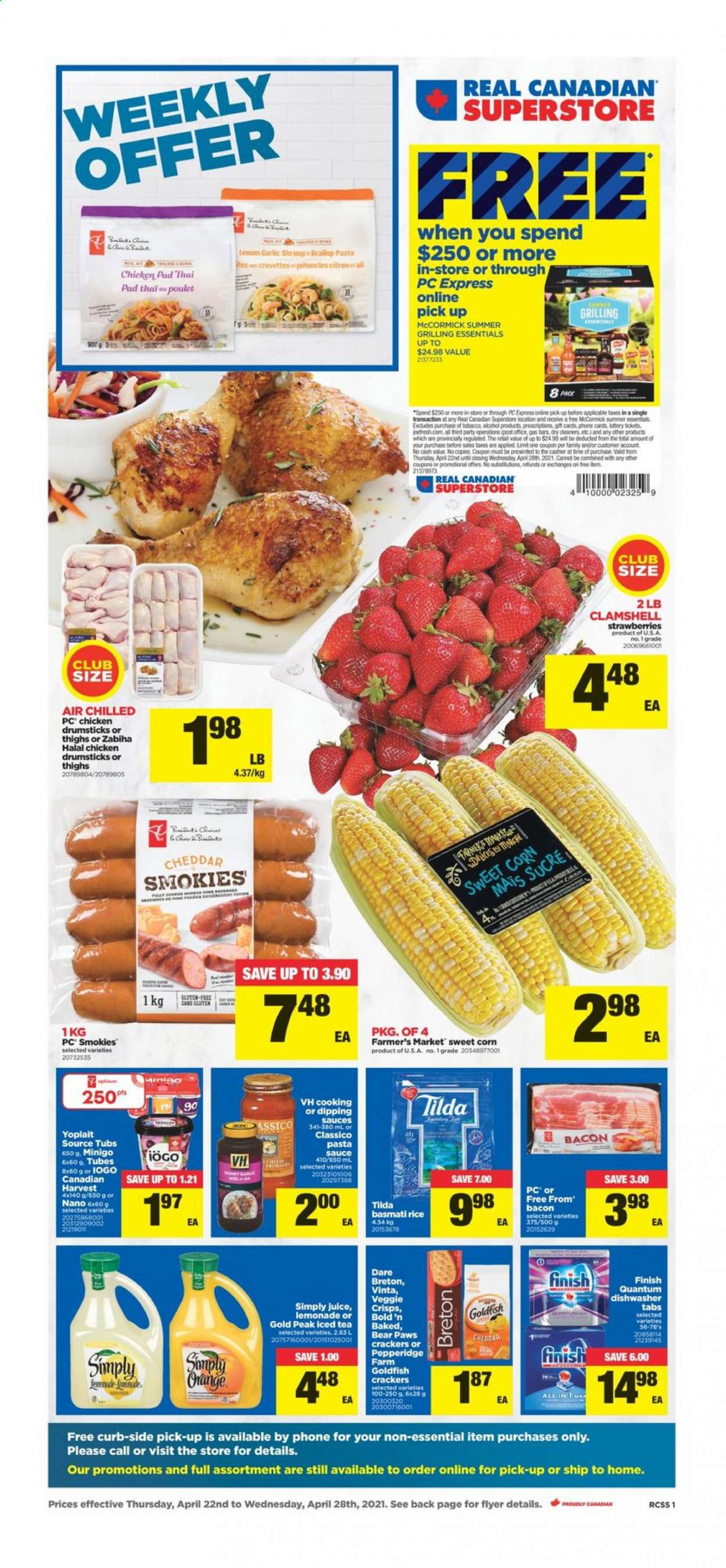 thumbnail - Real Canadian Superstore Flyer - April 22, 2021 - April 28, 2021 - Sales products - corn, garlic, sweet corn, strawberries, scallops, shrimps, pasta, bacon, cheese, Yoplait, crackers, Goldfish, basmati rice, rice, Classico, lemonade, juice, ice tea, chicken drumsticks, chicken, Finish Powerball, Finish Quantum Ultimate, Paws, phone. Page 1.