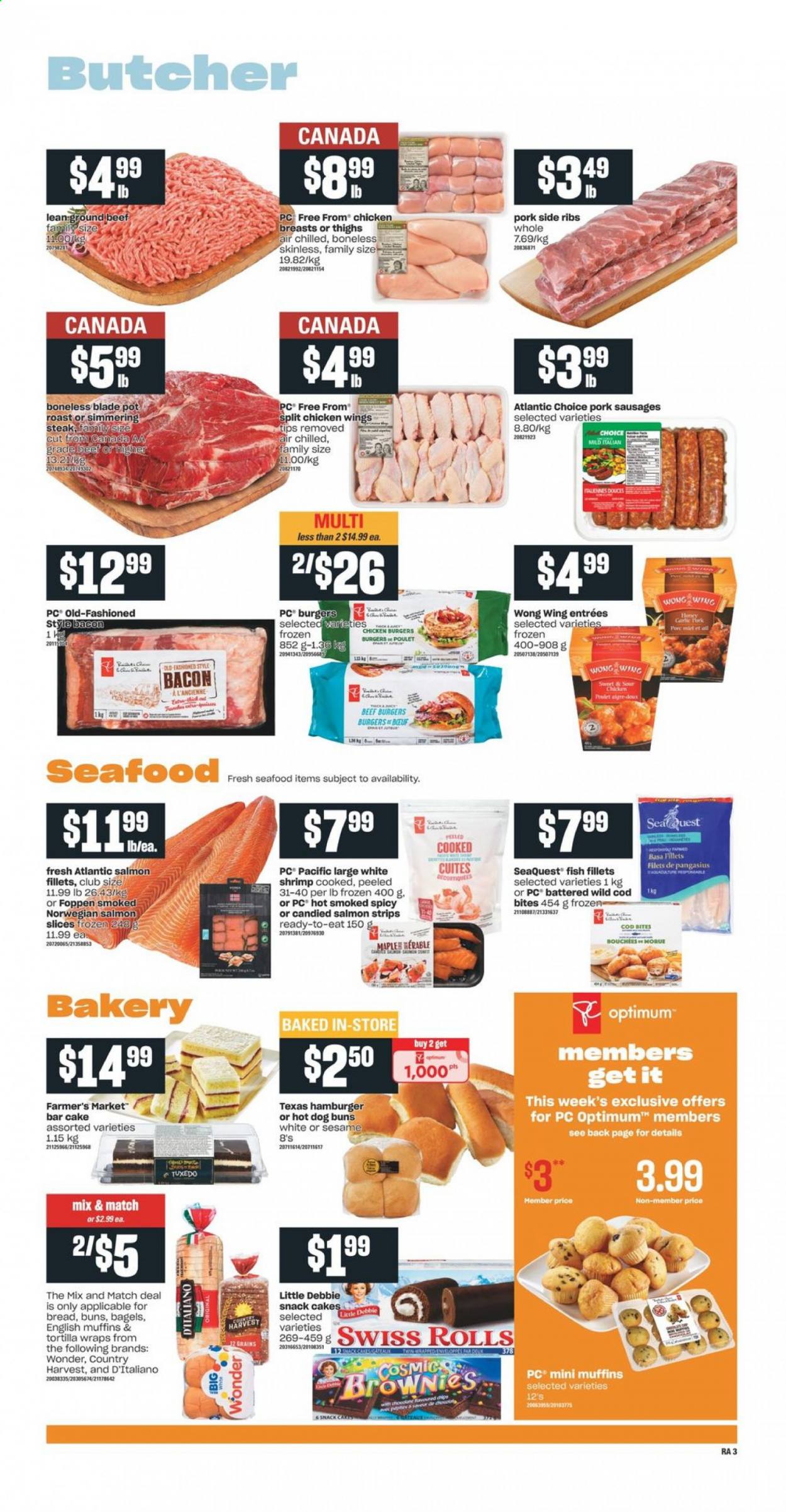 thumbnail - Atlantic Superstore Flyer - April 22, 2021 - April 28, 2021 - Sales products - bagels, english muffins, tortillas, cake, buns, wraps, brownies, cod, fish fillets, salmon, salmon fillet, pangasius, seafood, fish, shrimps, beef burger, bacon, Country Harvest, chicken wings, strips, snack, chicken breasts, beef meat, ground beef, Optimum, pot, steak. Page 4.