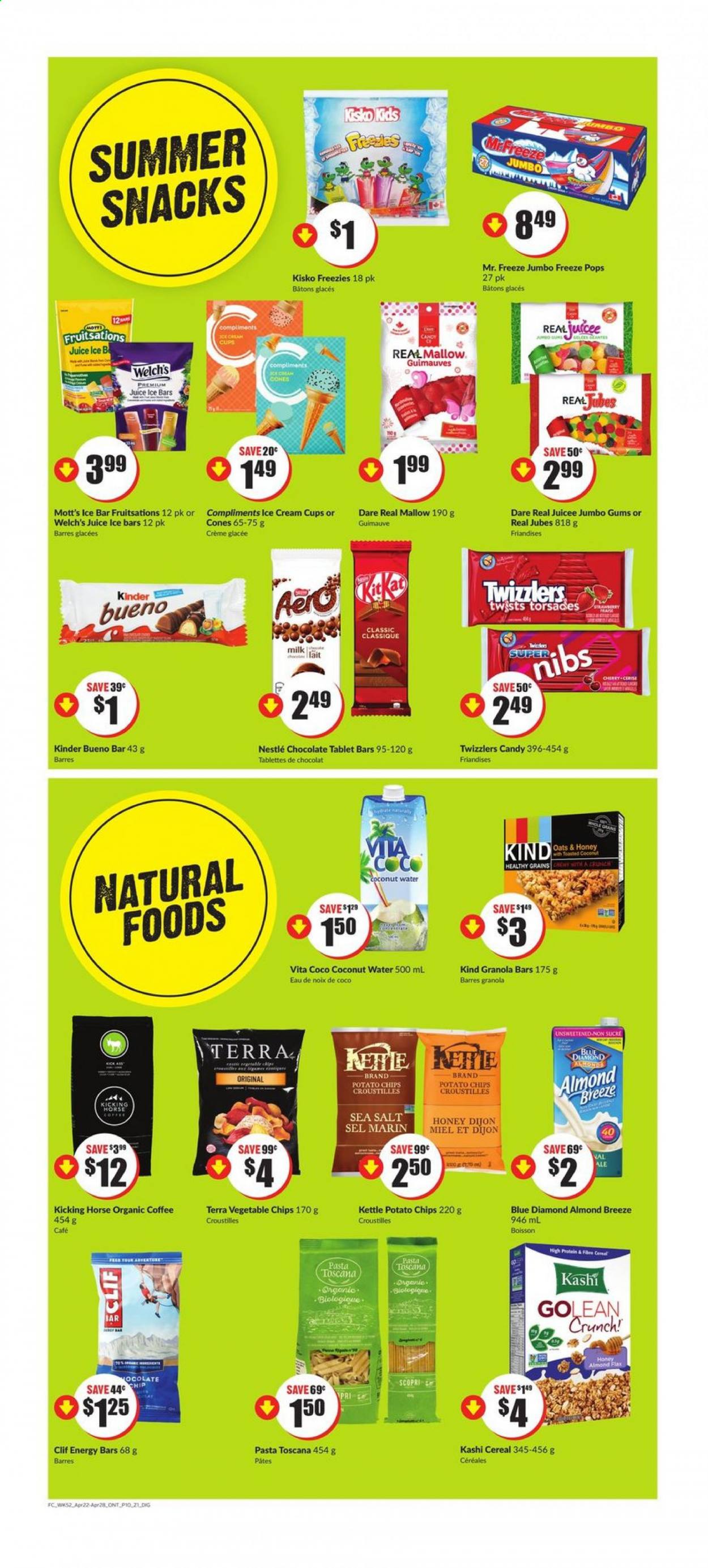 thumbnail - FreshCo. Flyer - April 22, 2021 - April 28, 2021 - Sales products - cherries, Welch's, Mott's, pasta, milk, Almond Breeze, ice cream, snack, Kinder Bueno, potato chips, vegetable chips, cereals, granola bar, energy bar, Blue Diamond, juice, coconut water, organic coffee, Nestlé, chips. Page 10.