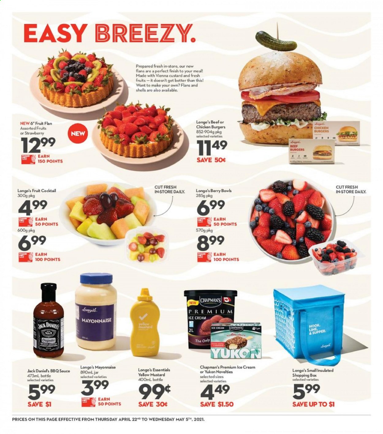 thumbnail - Longo's Flyer - April 22, 2021 - May 05, 2021 - Sales products - Jack Daniel's, hamburger, beef burger, mayonnaise, ice cream, mustard. Page 4.