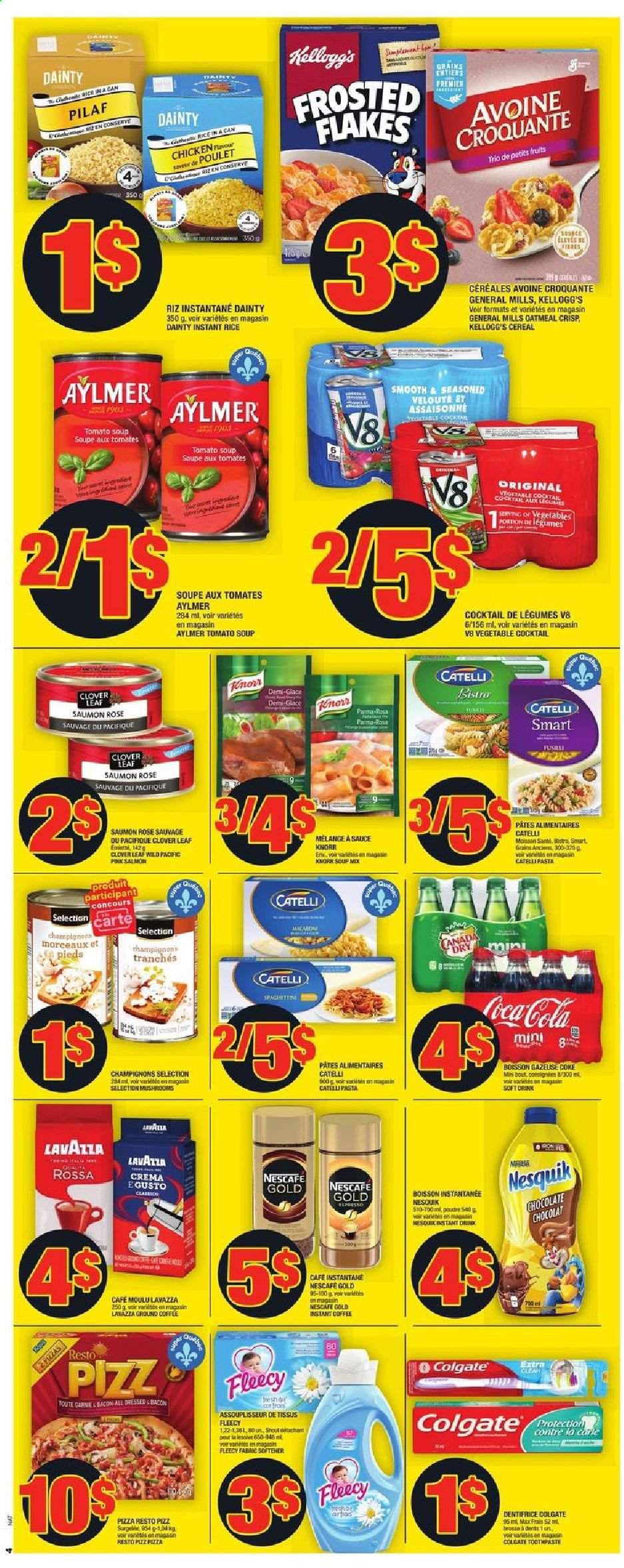 thumbnail - Super C Flyer - April 22, 2021 - April 28, 2021 - Sales products - salmon, tomato soup, pizza, soup mix, soup, pasta, sauce, bacon, Clover, chocolate, Kellogg's, oatmeal, cereals, Frosted Flakes, rice, Canada Dry, Coca-Cola, soft drink, instant coffee, ground coffee, Lavazza, rosé wine, Ron Pelicano, fabric softener, toothpaste, Knorr, Nesquik, Nescafé. Page 6.