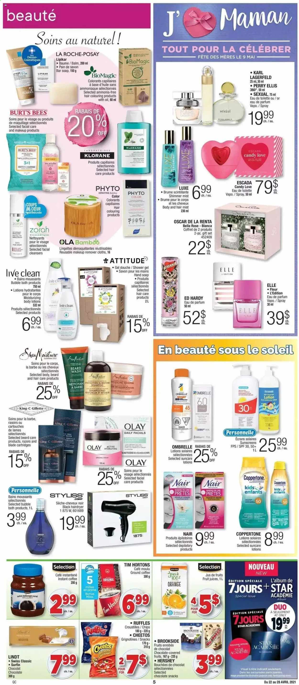 thumbnail - Jean Coutu Flyer - April 22, 2021 - April 28, 2021 - Sales products - chocolate, Cheetos, Ruffles, juice, instant coffee, ground coffee, Bella, bubble bath, shower gel, hand soap, soap bar, soap, La Roche-Posay, Olay, Klorane, body lotion, Karl Lagerfeld, razor, gift set, makeup remover, hair dryer, Escada, Gillette, shampoo, chips. Page 3.
