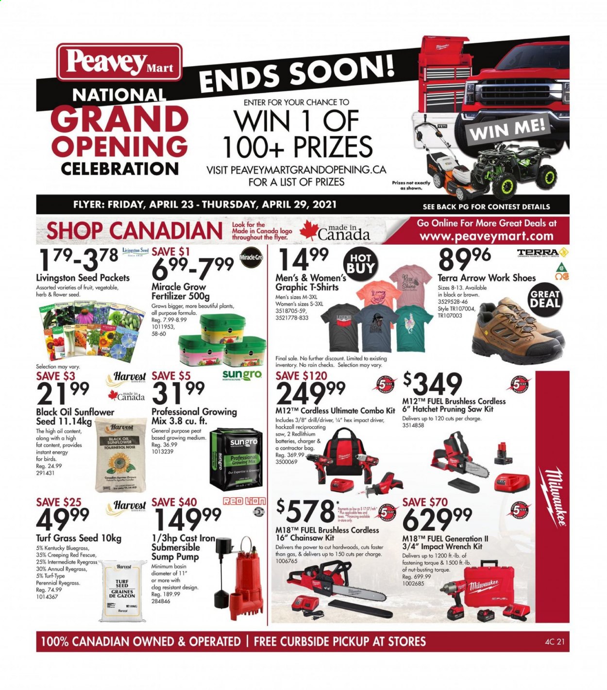 thumbnail - Peavey Mart Flyer - April 23, 2021 - April 29, 2021 - Sales products - plant seeds, t-shirt, boots, shoes, Milwaukee, drill, impact driver, chain saw, saw, reciprocating saw, combo kit, pump, herbs, fertilizer, grass seed. Page 1.