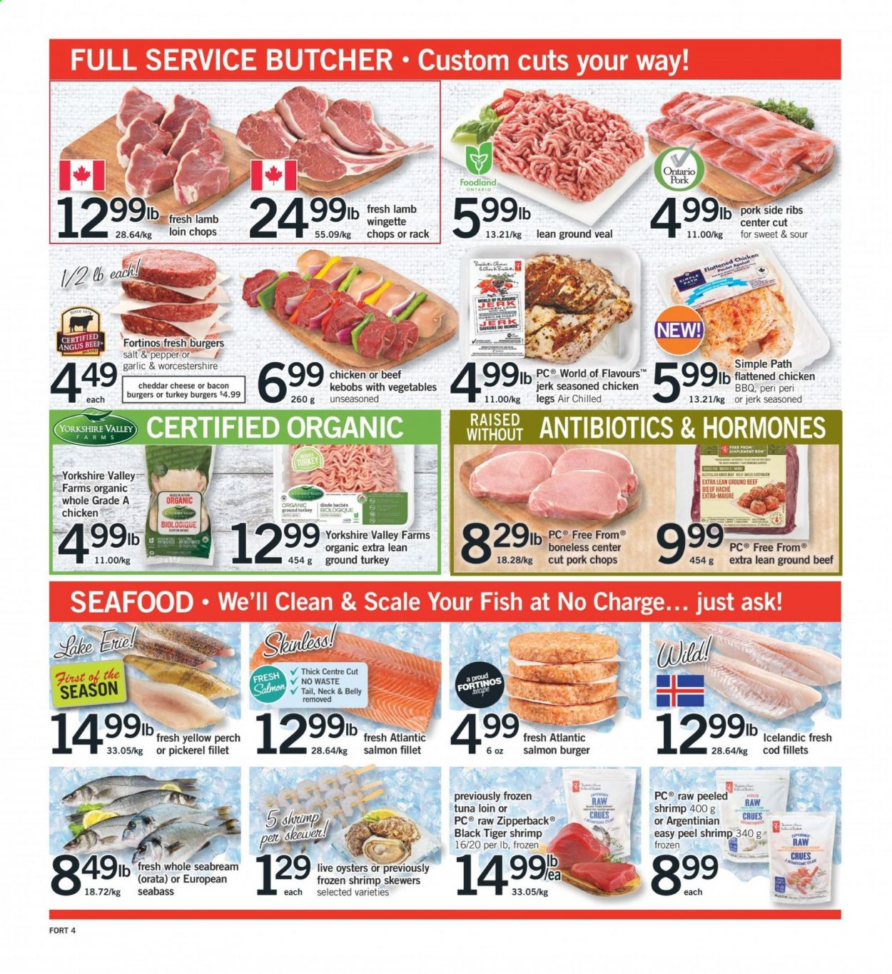 thumbnail - Fortinos Flyer - April 22, 2021 - April 28, 2021 - Sales products - scale, cod, salmon, salmon fillet, sea bass, tuna, perch, oysters, seafood, fish, seabream, walleye, hamburger, bacon, cheddar, worcestershire sauce, ground turkey, turkey, beef meat, ground beef, ground veal, veal meat, turkey burger, pork chops, pork meat, lamb loin, lamb meat. Page 4.