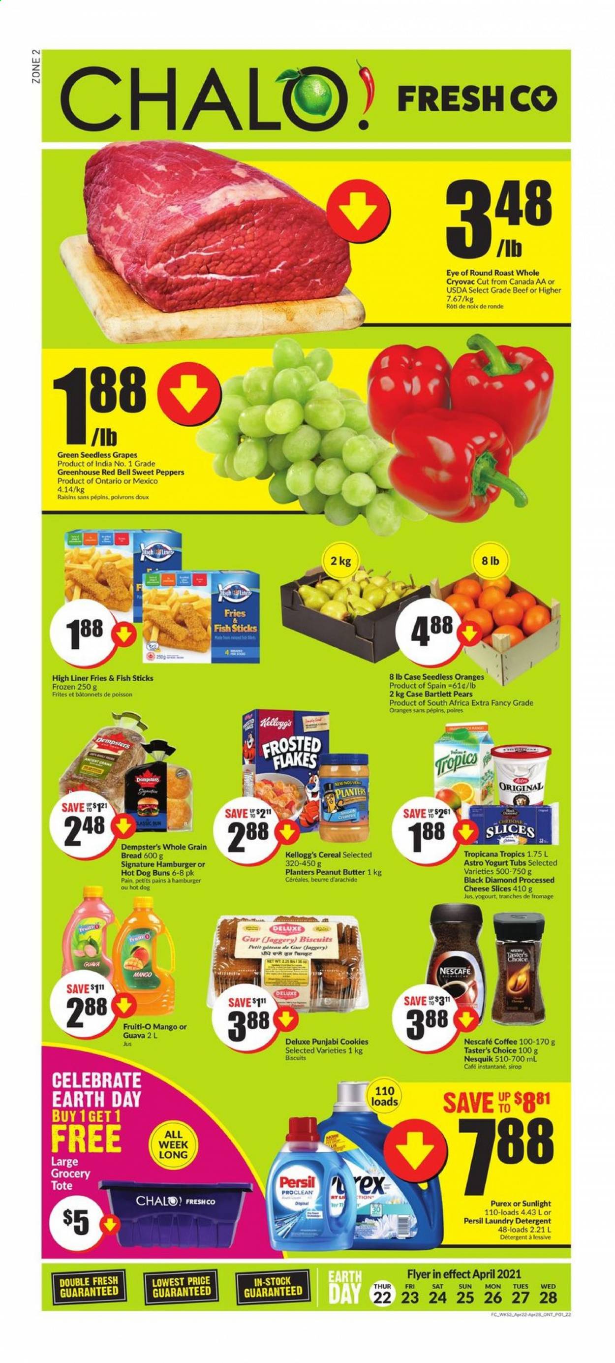 thumbnail - Chalo! FreshCo. Flyer - April 22, 2021 - April 28, 2021 - Sales products - bread, buns, sweet peppers, peppers, Bartlett pears, grapes, guava, mango, seedless grapes, pears, fish, fish fingers, fish sticks, sliced cheese, cheddar, cheese, yoghurt, potato fries, cookies, Kellogg's, biscuit, cereals, Frosted Flakes, peanut butter, dried fruit, Planters, coffee, L'Or, beef meat, eye of round, round roast, Nesquik, raisins, Nescafé. Page 1.