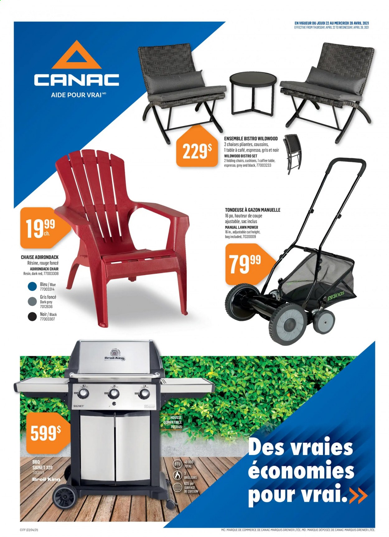 thumbnail - Canac Flyer - April 22, 2021 - April 28, 2021 - Sales products - table, chair, coffee table, cushion, lawn mower. Page 1.