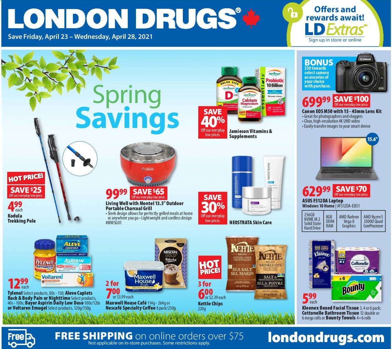 thumbnail - London Drugs Flyer - April 23, 2021 - April 28, 2021 - Sales products - Bounty, kettle, Maxwell House, coffee, bath tissue, Cottonelle, Kleenex, towel, laptop, hard disk, Radeon, AMD Radeon, lens, camera accessories, grill, Aleve, magnesium, Tylenol, vitamin D3, Low Dose, aspirin, Bayer, chips, Nescafé. Page 1.