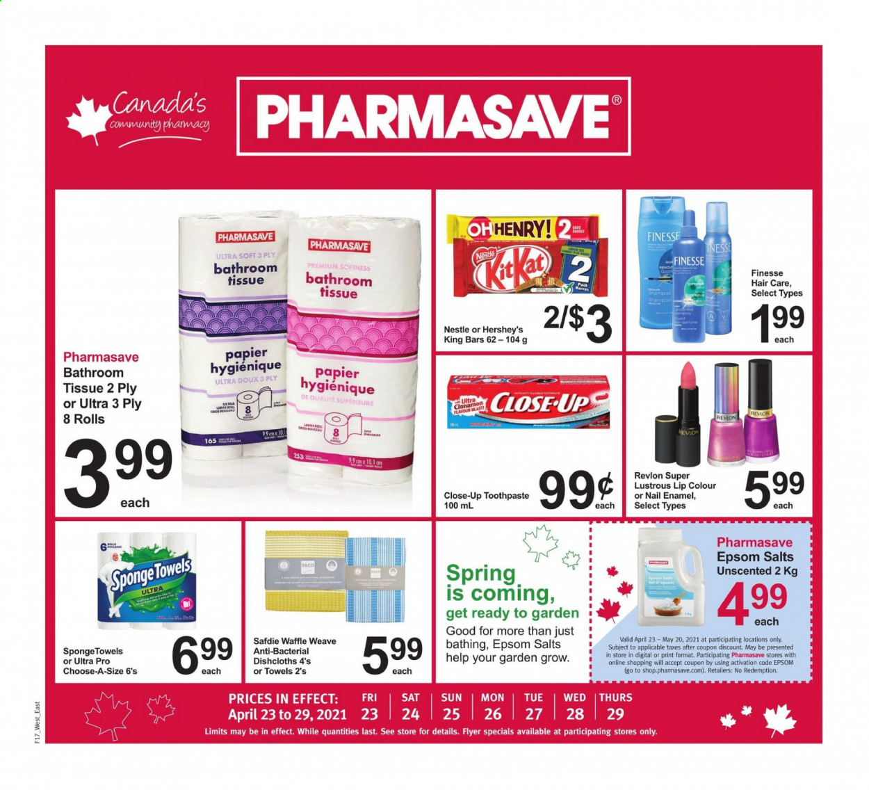 thumbnail - Pharmasave Flyer - April 23, 2021 - April 29, 2021 - Sales products - Hershey's, cinnamon, bath tissue, toothpaste, Revlon, nail enamel, sponge, towel, Nestlé, shampoo. Page 1.