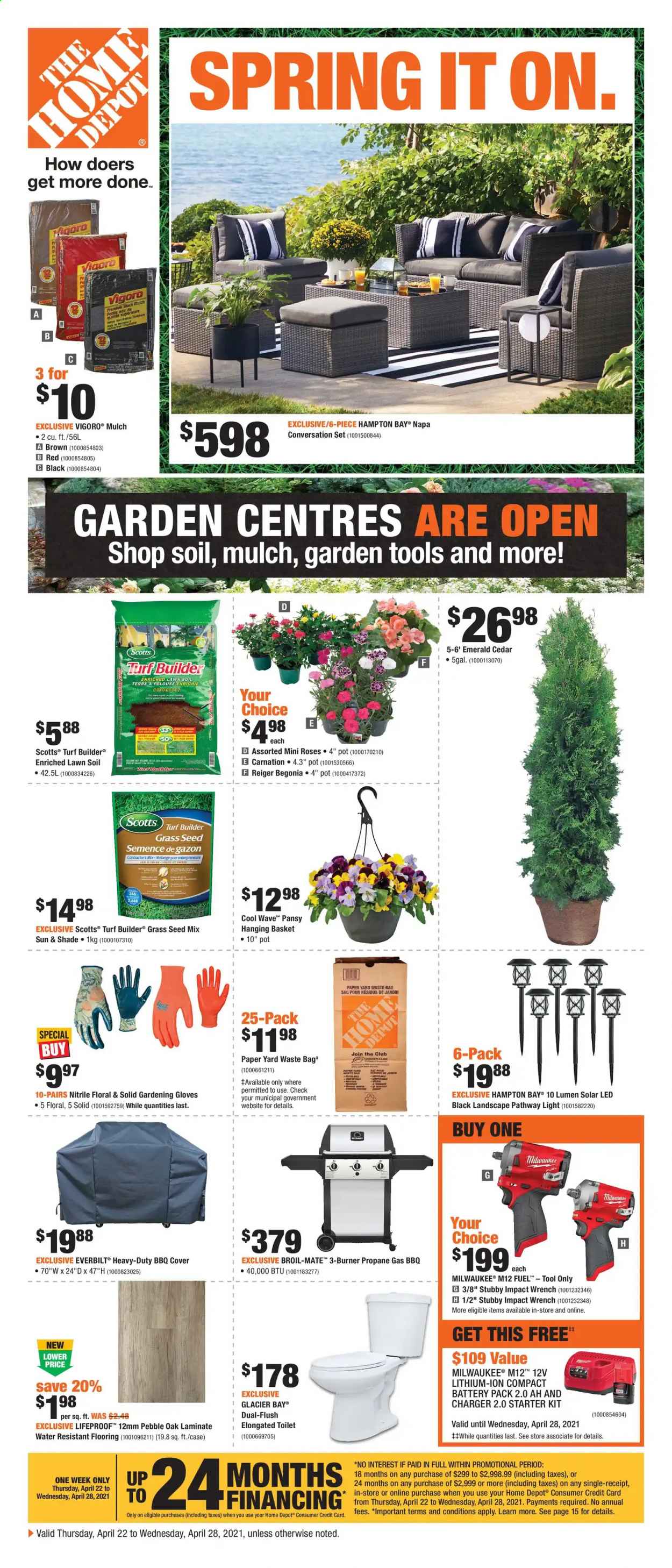 thumbnail - The Home Depot Flyer - April 22, 2021 - April 28, 2021 - Sales products - gloves, pot, bag, paper, toilet, solar led, Milwaukee, wrench, gardening tools, plant seeds, begonia, rose, turf builder, grass seed, garden mulch. Page 1.