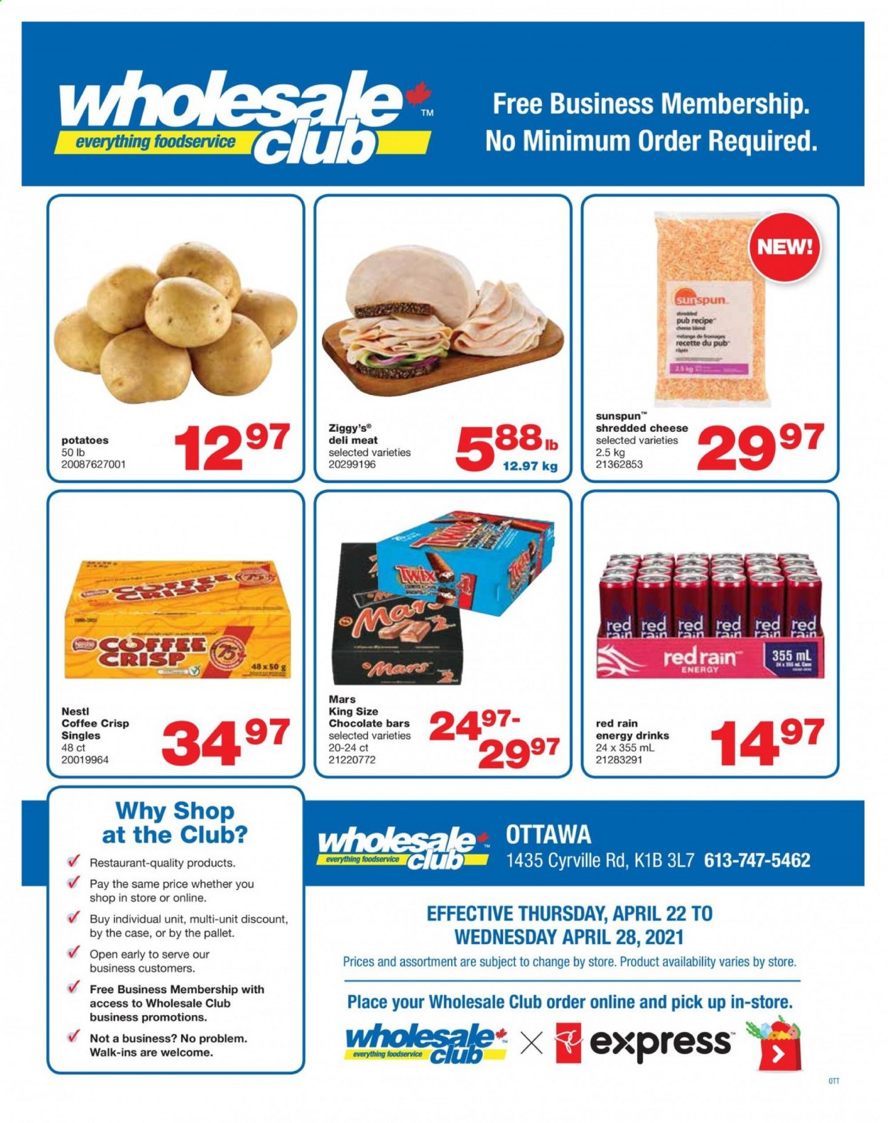 thumbnail - Wholesale Club Flyer - April 22, 2021 - April 28, 2021 - Sales products - potatoes, shredded cheese, Mars, chocolate bar, energy drink, coffee. Page 1.