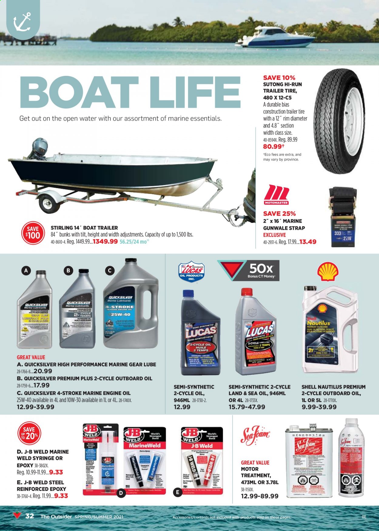 thumbnail - Canadian Tire Flyer - April 22, 2021 - May 05, 2021 - Sales products - Stirling, boat, trailer, strap, motor oil, Shell, Quicksilver Marine Lubricants. Page 32.