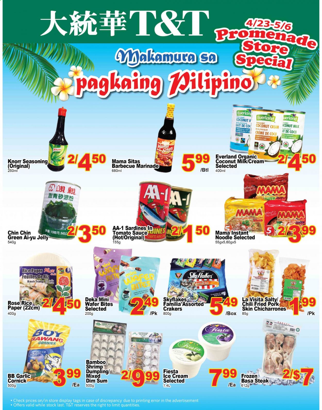 thumbnail - T&T Supermarket Flyer - April 23, 2021 - May 06, 2021 - Sales products - garlic, sardines, shrimps, dumplings, noodles, ice cream, jelly, Skyflakes, coconut milk, rice, spice, marinade, wine, rosé wine, paper, Knorr, steak. Page 1.
