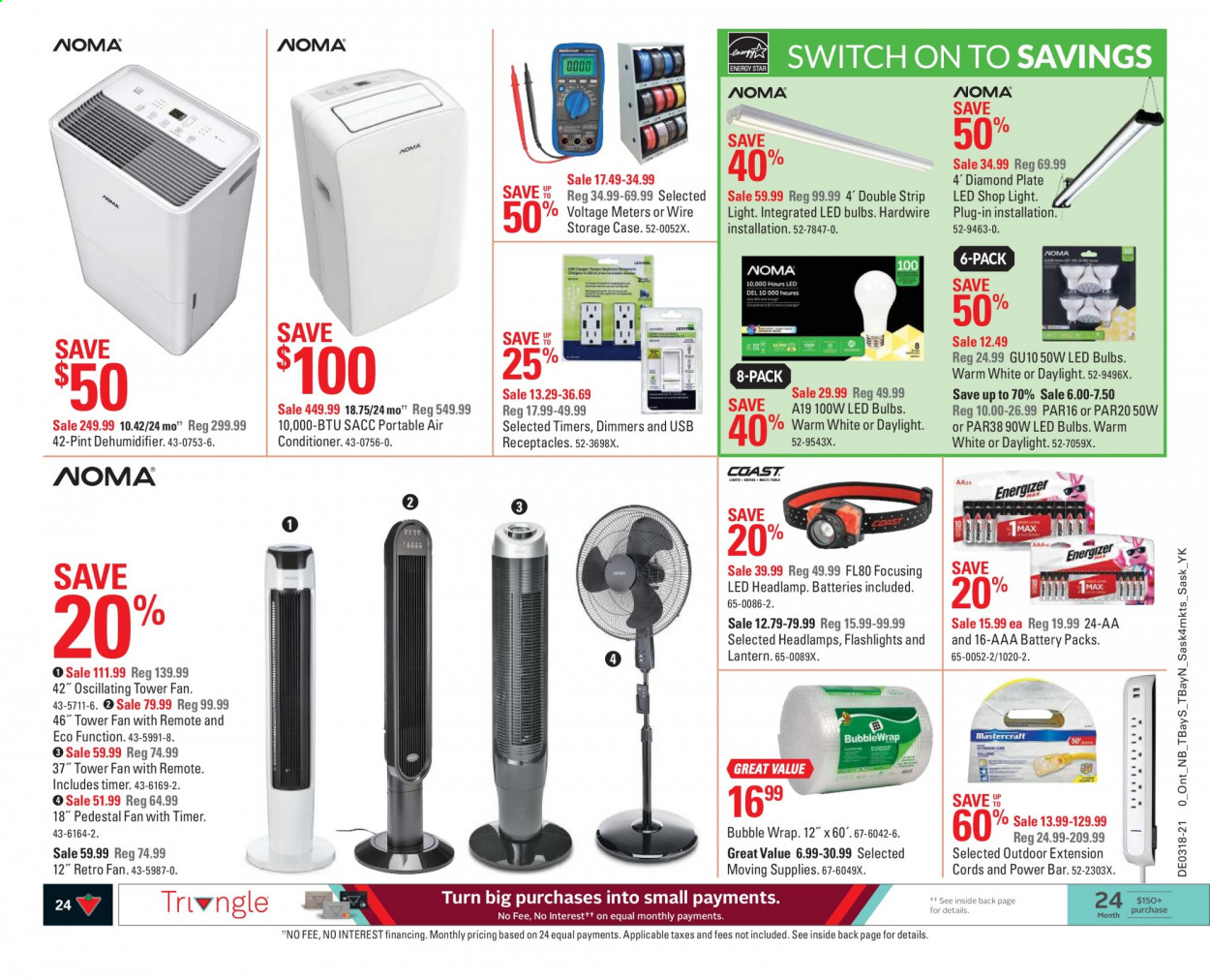 thumbnail - Canadian Tire Flyer - April 30, 2021 - May 06, 2021 - Sales products - plate, bubble wrap, bulb, LED bulb, air conditioner, portable air conditioner, stand fan, lantern, flashlight, shop light. Page 24.