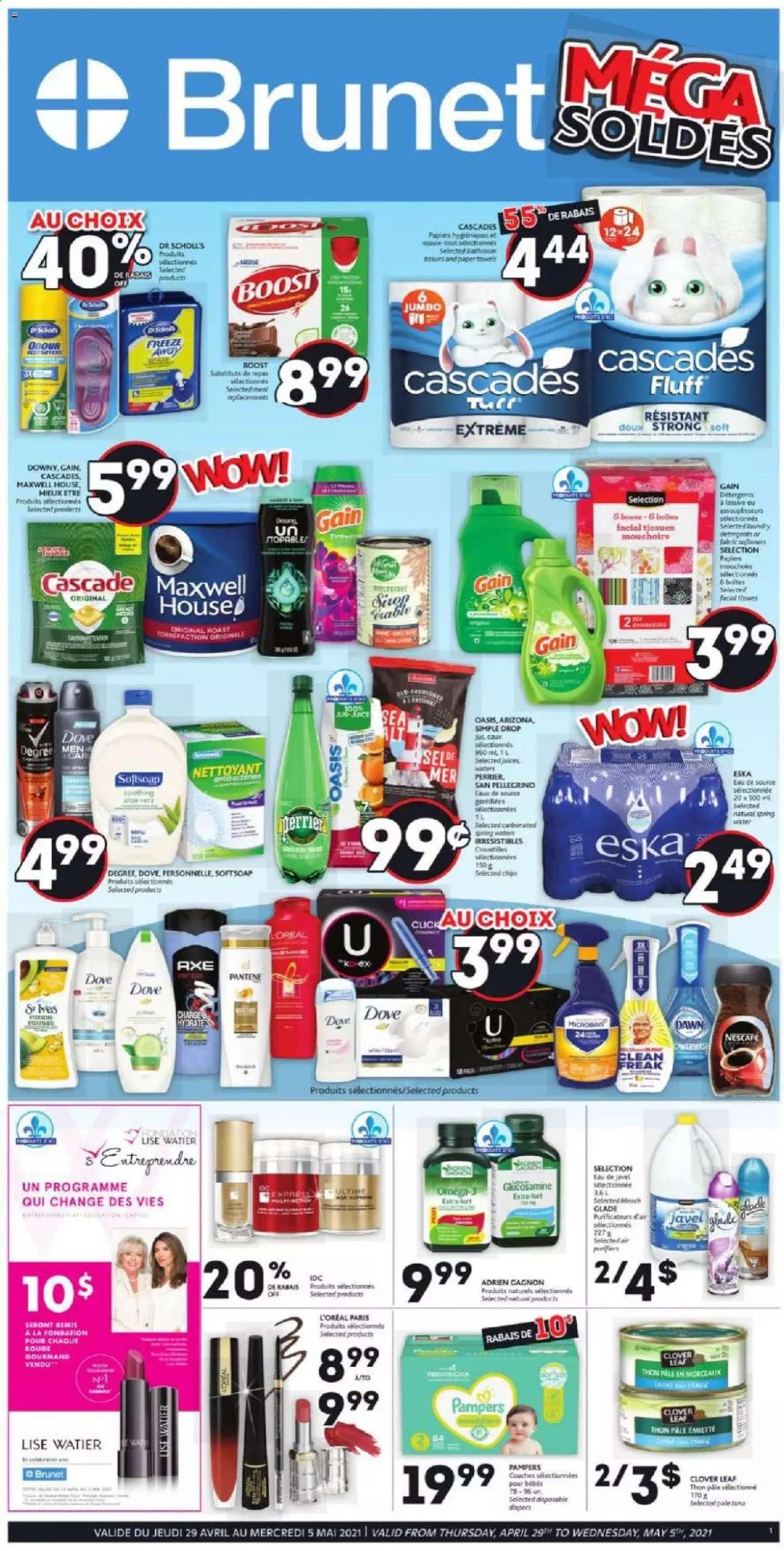 thumbnail - Brunet Flyer - April 29, 2021 - May 05, 2021 - Sales products - nappies, tissues, Gain, bleach, Cascade, Softsoap, facial tissues, L’Oréal, glucosamine, Omega-3, Dr. Scholl's, Pampers, Pantene, Nescafé. Page 1.