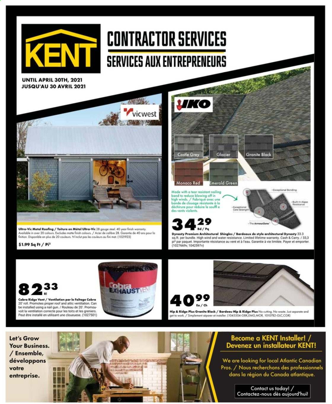 thumbnail - Kent Flyer - April 19, 2021 - April 30, 2021 - Sales products - roofing, shingle, gun, Castle. Page 1.