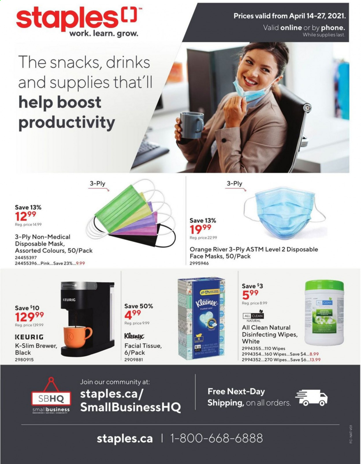 thumbnail - Staples Flyer - April 14, 2021 - April 27, 2021 - Sales products - phone, Keurig, wipes. Page 1.