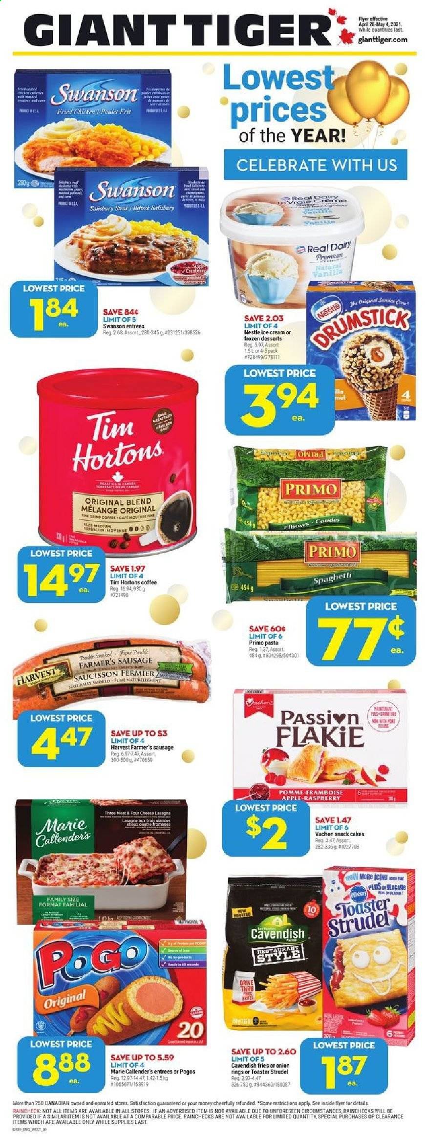 thumbnail - Giant Tiger Flyer - April 28, 2021 - May 04, 2021 - Sales products - cake, strudel, pasta, fried chicken, lasagna meal, Marie Callender's, sausage, cheese, ice cream, potato fries, snack, coffee, Nestlé. Page 1.