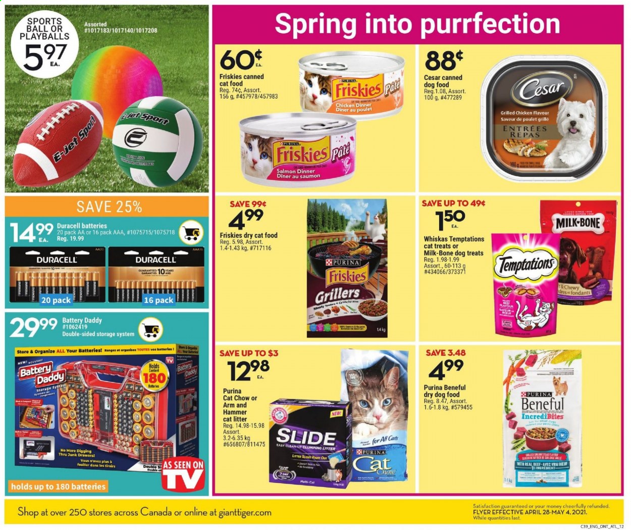 thumbnail - Giant Tiger Flyer - April 28, 2021 - May 04, 2021 - Sales products - milk, Jet, pan, Duracell, cat litter, animal food, cat food, dog food, Purina, dry dog food, dry cat food, Friskies, TV, hammer. Page 3.