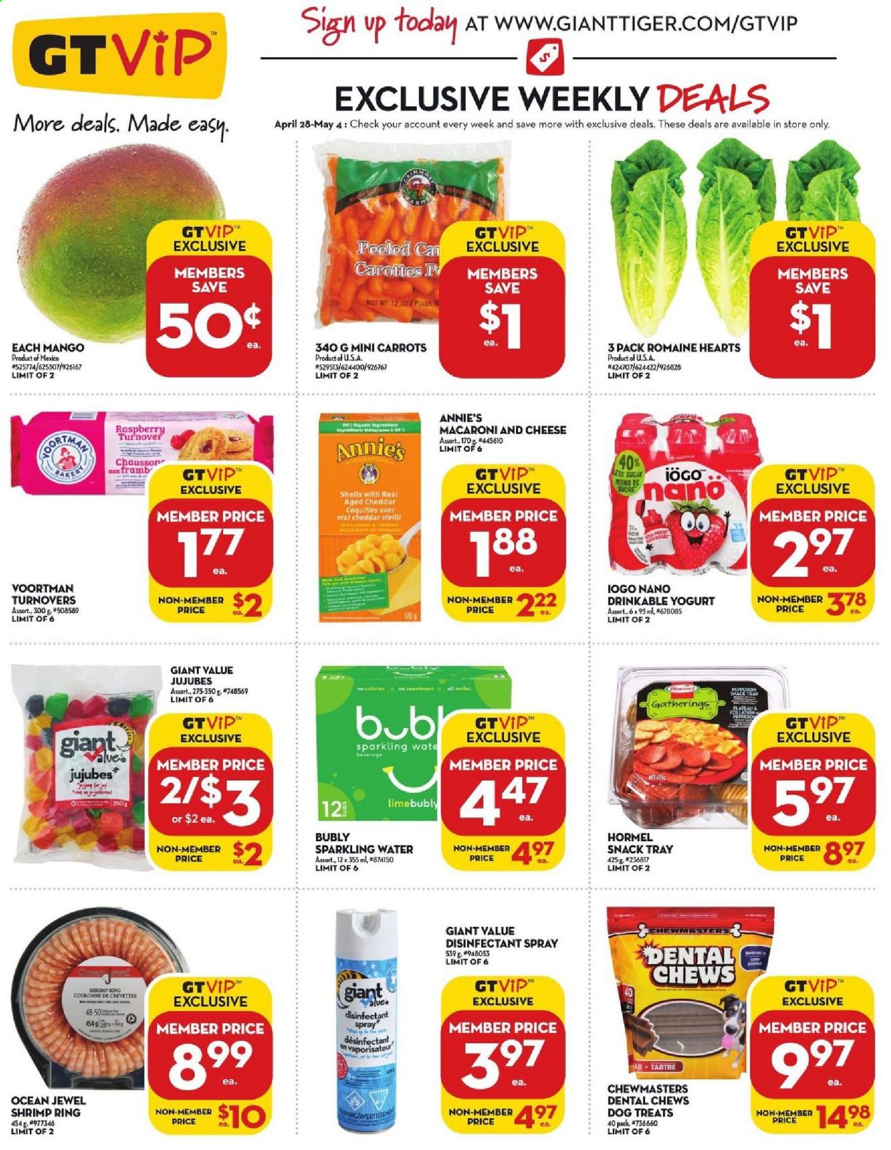 thumbnail - Giant Tiger Flyer - April 28, 2021 - May 04, 2021 - Sales products - turnovers, carrots, mango, shrimps, macaroni & cheese, Annie's, Hormel, cheddar, yoghurt, snack, chewing gum, sparkling water, antibacterial spray, dental chews, desinfection. Page 4.
