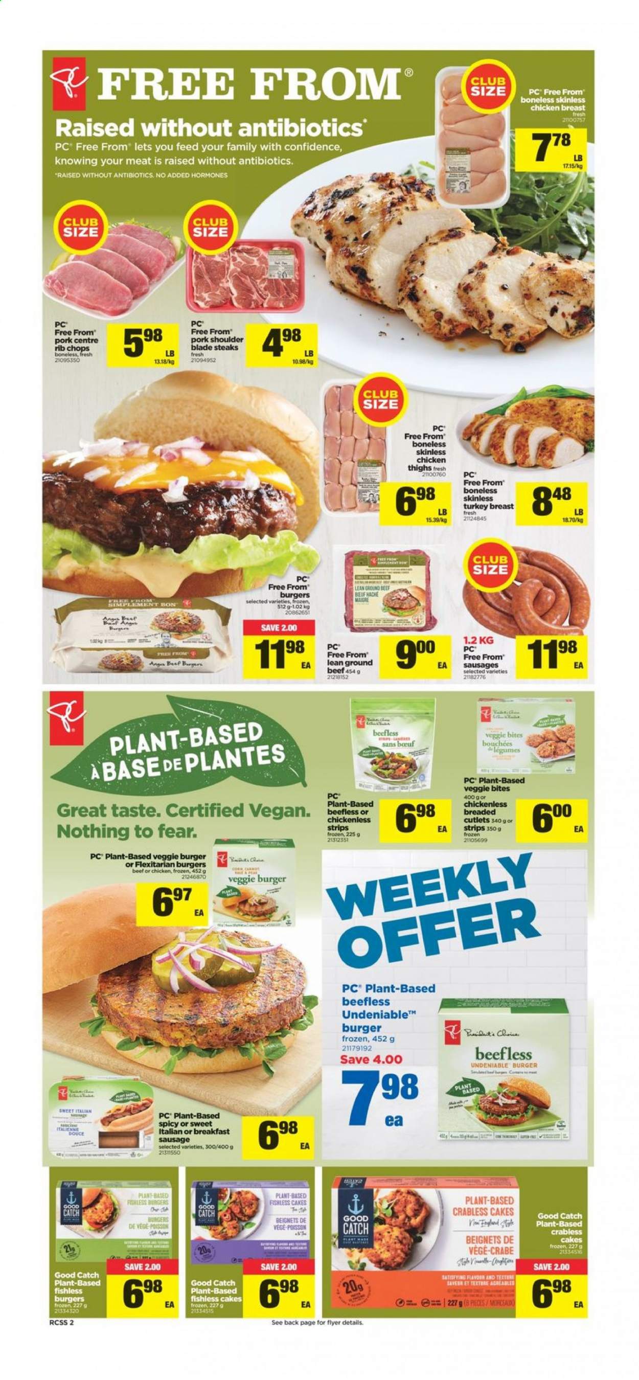 thumbnail - Real Canadian Superstore Flyer - April 29, 2021 - May 05, 2021 - Sales products - cake, veggie burger, sausage, strips, beer, turkey breast, chicken thighs, chicken, turkey, beef meat, ground beef, pork meat, pork shoulder, rib chops, steak. Page 2.