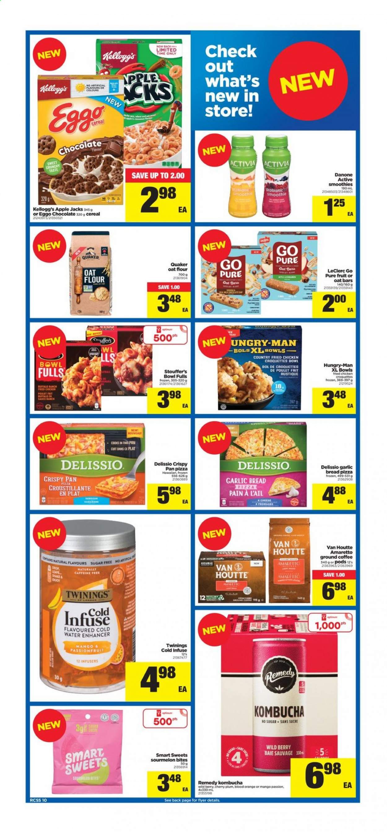 thumbnail - Real Canadian Superstore Flyer - April 29, 2021 - May 05, 2021 - Sales products - bread, pizza, fried chicken, Quaker, Activia, shake, Stouffer's, potato croquettes, chocolate, Kellogg's, flour, cereals, smoothie, kombucha, Twinings, coffee, ground coffee, Keurig, Amaretto, pan, bowl, Optimum, Danone. Page 10.