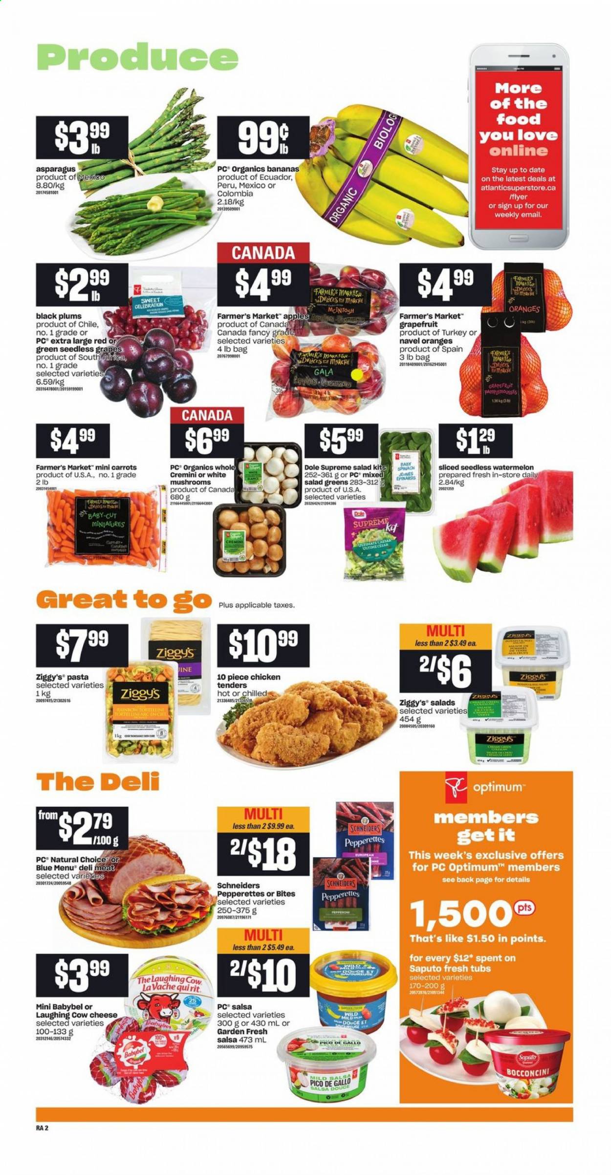 thumbnail - Atlantic Superstore Flyer - April 29, 2021 - May 05, 2021 - Sales products - mushrooms, asparagus, carrots, salad, salad greens, Dole, apples, bananas, Gala, grapefruits, grapes, seedless grapes, watermelon, plums, black plums, navel oranges, pasta, bocconcini, cheese, The Laughing Cow, Babybel, Celebration, salsa, chicken tenders, bag, Optimum. Page 3.
