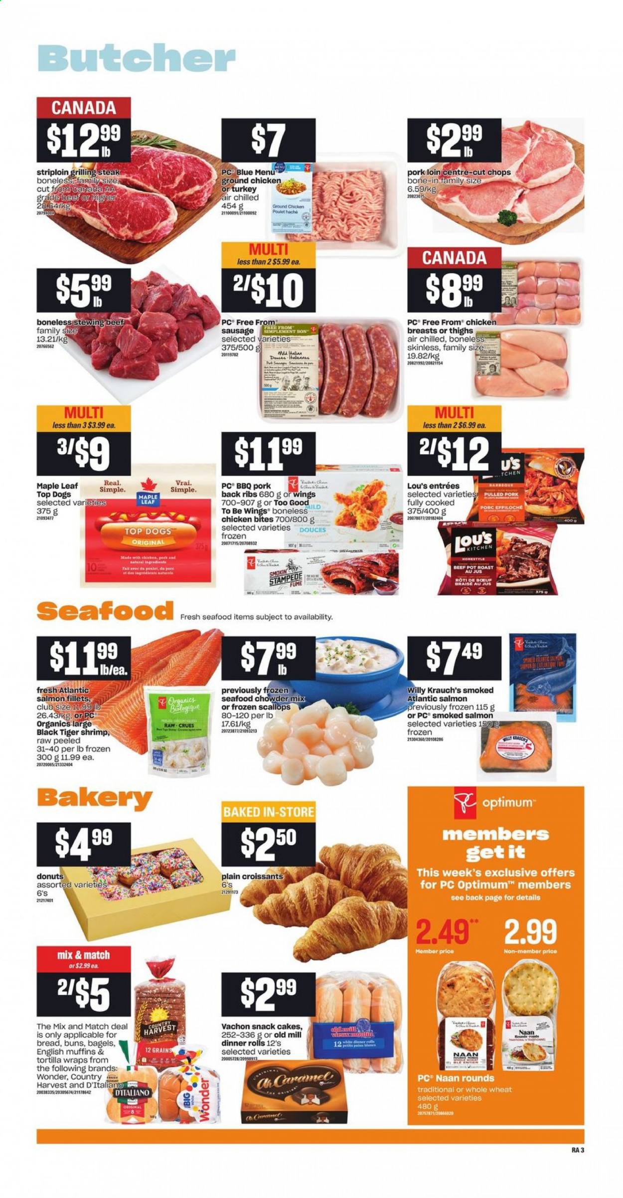 thumbnail - Atlantic Superstore Flyer - April 29, 2021 - May 05, 2021 - Sales products - bagels, english muffins, tortillas, cake, dinner rolls, croissant, buns, wraps, donut, salmon, salmon fillet, scallops, smoked salmon, seafood, shrimps, pulled pork, sausage, Country Harvest, chicken bites, snack, caramel, ground chicken, chicken breasts, chicken, beef meat, stewing beef, pork loin, pork meat, Optimum, pot, steak. Page 4.