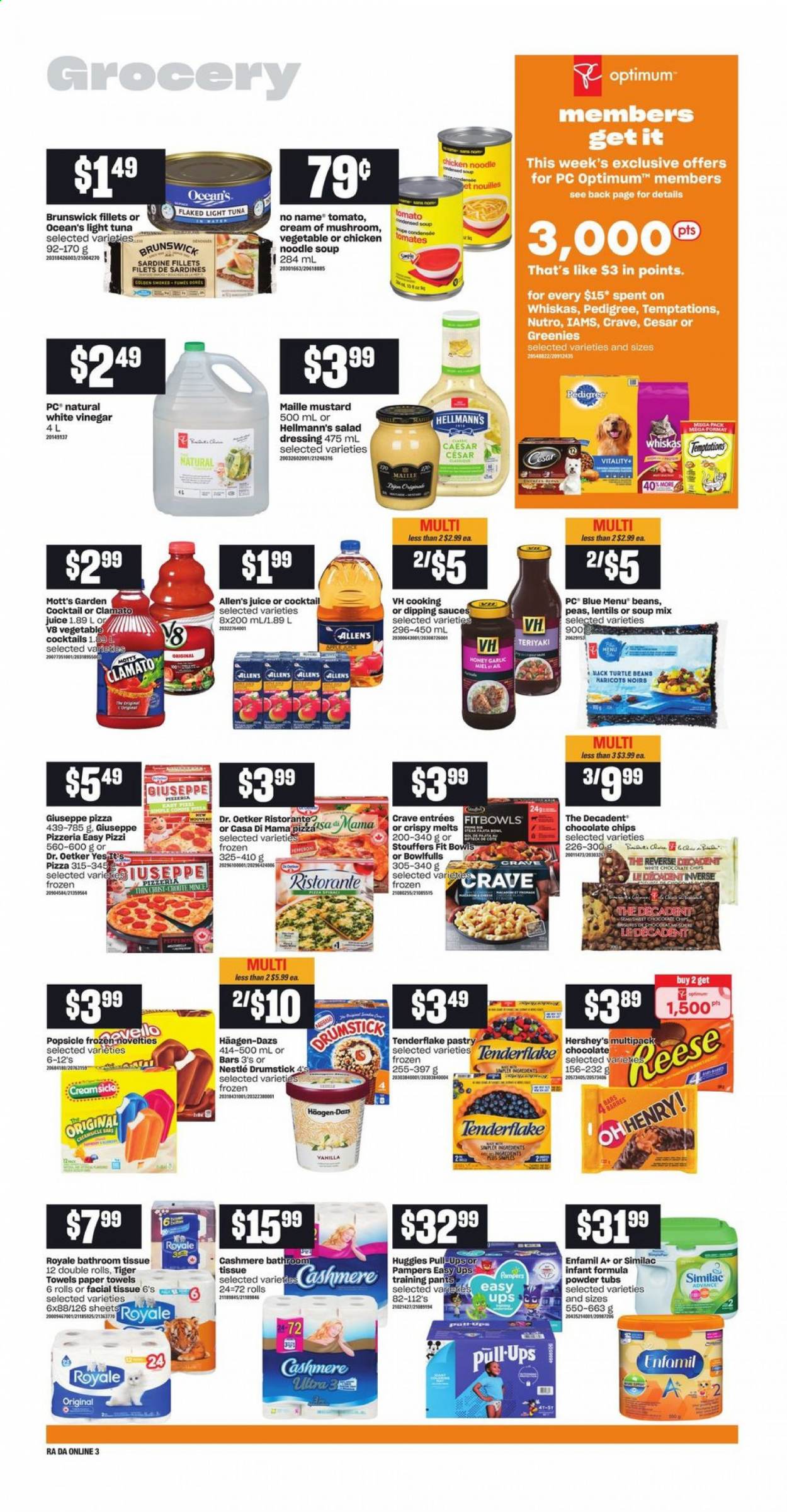 thumbnail - Atlantic Superstore Flyer - April 29, 2021 - May 05, 2021 - Sales products - pita, garlic, Mott's, sardines, tuna, No Name, pizza, soup mix, soup, noodles cup, noodles, pepperoni, Dr. Oetker, Hellmann’s, Hershey's, Häagen-Dazs, white chocolate, lentils, light tuna, mustard, salad dressing, dressing, honey, juice, Clamato, Enfamil, Similac, pants, baby pants, bath tissue, kitchen towels, paper towels, Greenies, Optimum, Pedigree, Iams, Nestlé, Huggies, Pampers. Page 7.