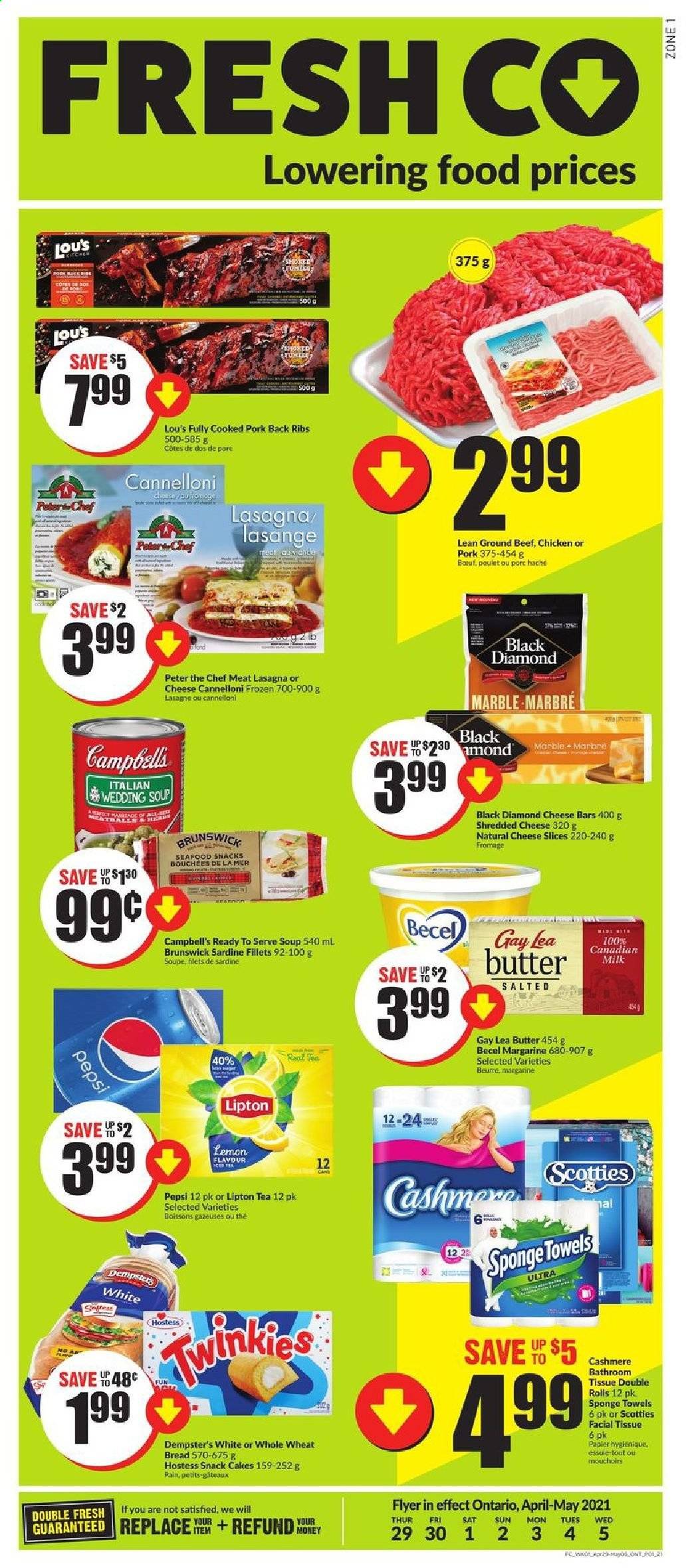 thumbnail - FreshCo. Flyer - April 29, 2021 - May 05, 2021 - Sales products - wheat bread, cake, seafood, Campbell's, soup, lasagna meal, shredded cheese, sliced cheese, milk, butter, margarine, snack, honey, Pepsi, tea, beef meat, ground beef, pork meat, pork ribs, pork back ribs. Page 1.