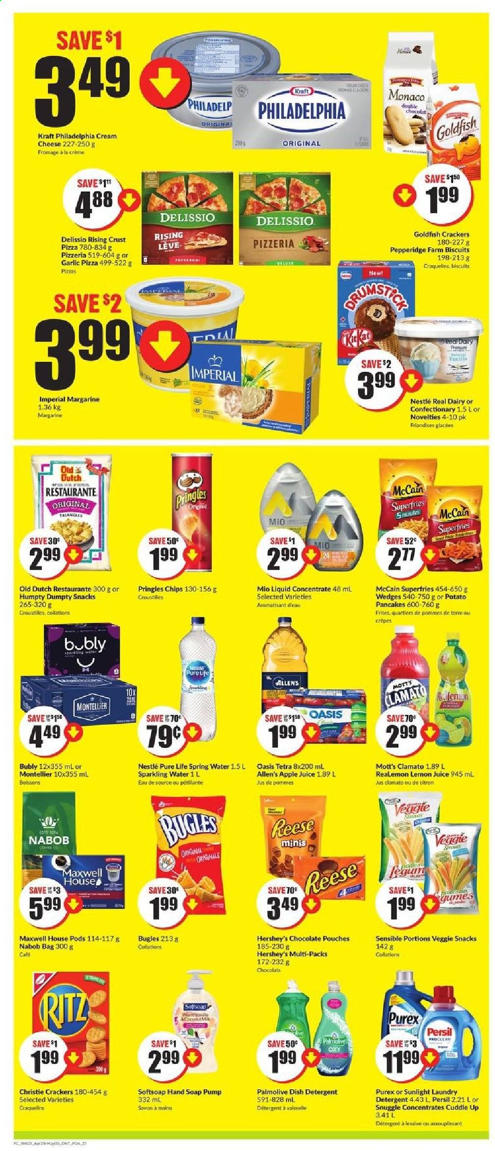 thumbnail - FreshCo. Flyer - April 29, 2021 - May 05, 2021 - Sales products - garlic, Mott's, pizza, pancakes, potato pancakes, Kraft®, cream cheese, margarine, Hershey's, McCain, potato fries, chocolate, snack, crackers, biscuit, RITZ, Pringles, Goldfish, apple juice, Clamato, spring water, sparkling water, lemon juice, Maxwell House, L'Or, Nestlé, chips. Page 4.