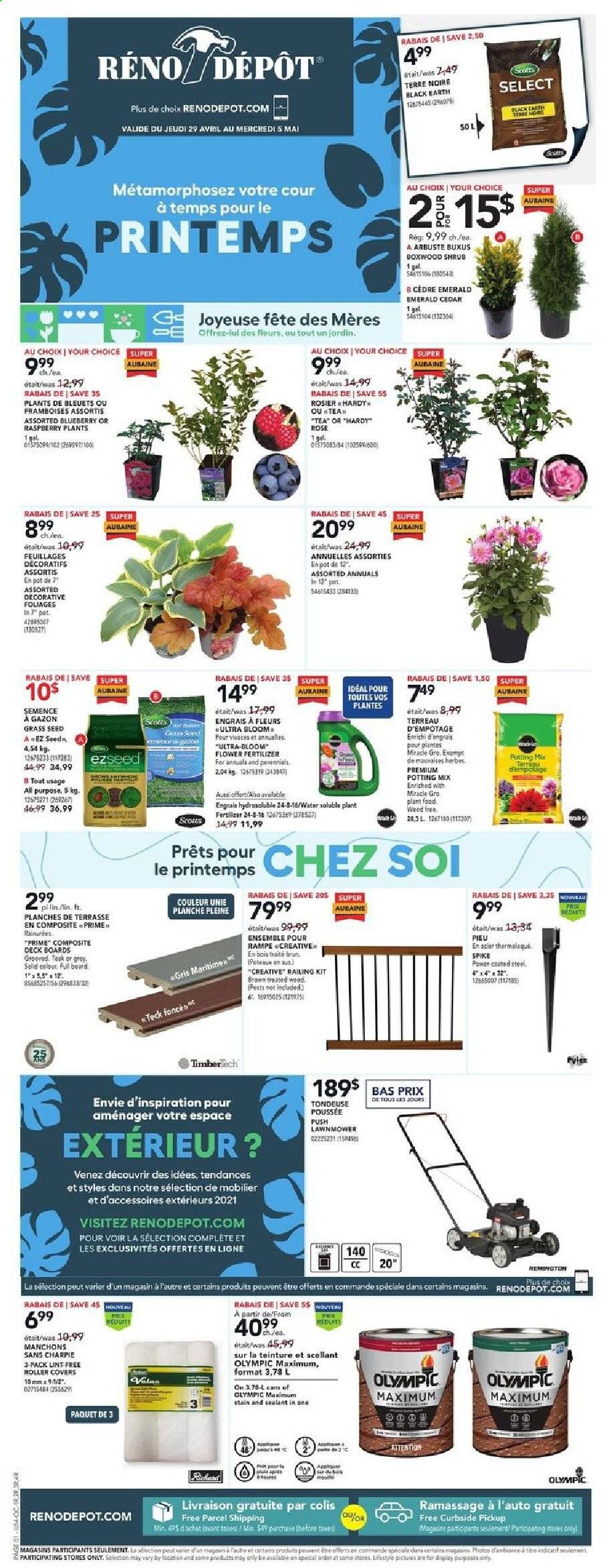 thumbnail - Réno-Dépôt Flyer - April 29, 2021 - May 05, 2021 - Sales products - roller, Lack, lawn mower, pot, plant seeds, rose, potting mix, fertilizer, grass seed, Remington. Page 1.