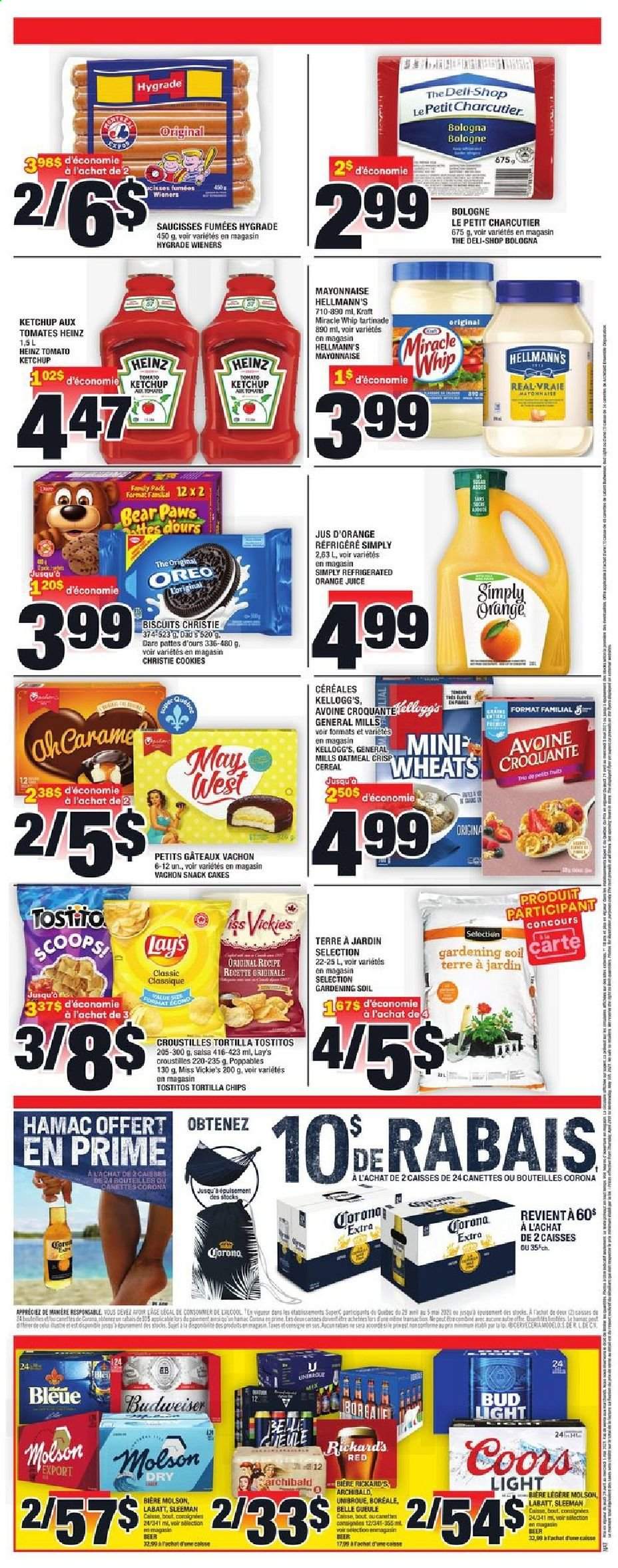 thumbnail - Super C Flyer - April 29, 2021 - May 05, 2021 - Sales products - cake, Kraft®, bologna sausage, Oreo, mayonnaise, Miracle Whip, Hellmann’s, cookies, snack, Kellogg's, biscuit, tortilla chips, Lay’s, Tostitos, oatmeal, Heinz, cereals, orange juice, juice, beer, Budweiser, Coors, Bud Light, Corona Extra, chips. Page 2.