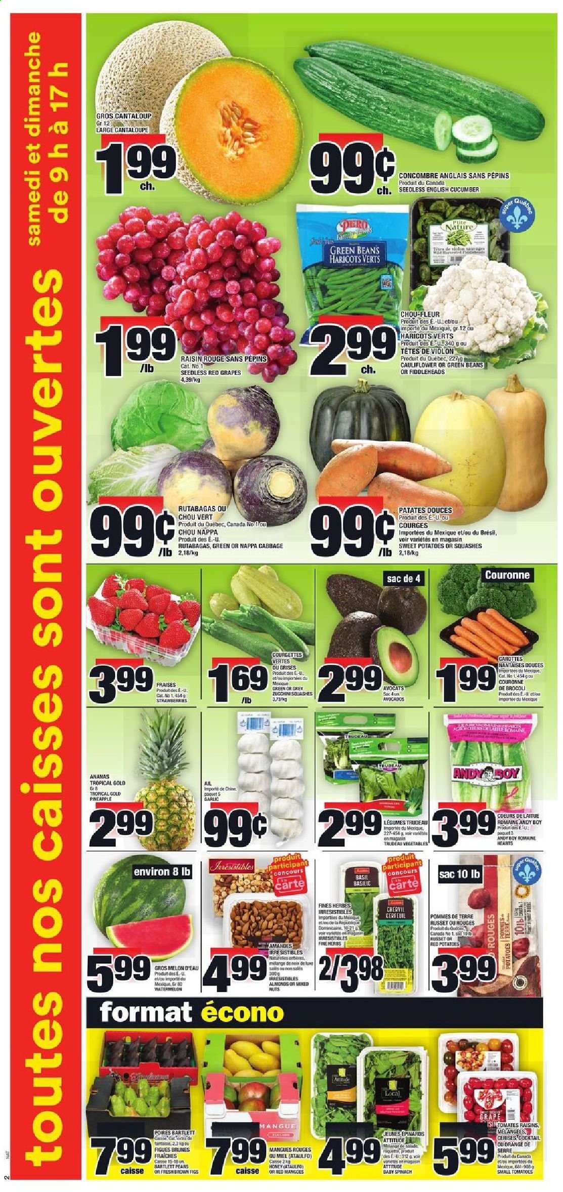 thumbnail - Super C Flyer - April 29, 2021 - May 05, 2021 - Sales products - beans, cabbage, cantaloupe, cauliflower, garlic, green beans, russet potatoes, spinach, sweet potato, tomatoes, zucchini, potatoes, red potatoes, avocado, Bartlett pears, figs, grapes, mango, strawberries, watermelon, pears, melons, esponja, honey, almonds, dried fruit, raisins. Page 3.