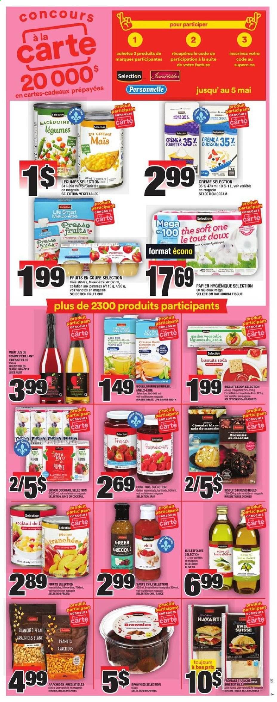 thumbnail - Super C Flyer - April 29, 2021 - May 05, 2021 - Sales products - brownies, sauce, sliced cheese, Havarti, cheese, crackers, biscuit, bouillon, chicken broth, broth, chilli sauce, olive oil, oil, fruit jam, peanuts, apple juice, juice, soda, punch, bath tissue. Page 8.