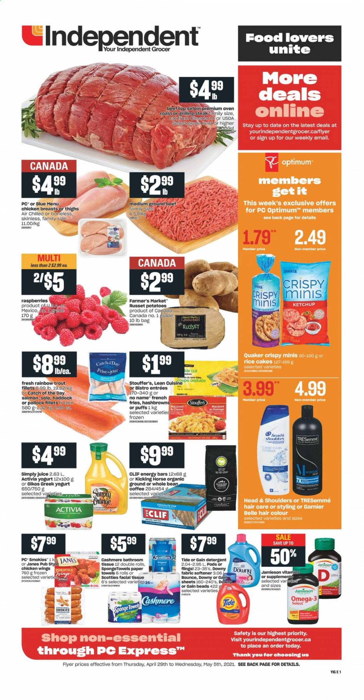 thumbnail - Independent Flyer - April 29, 2021 - May 05, 2021 - Sales products - puffs, russet potatoes, potatoes, salmon, trout, haddock, pollock, No Name, macaroni & cheese, Quaker, Lean Cuisine, greek yoghurt, yoghurt, Activia, Oikos, chicken wings, Stouffer's, hash browns, potato fries, energy bar, juice, coffee, chicken breasts, beef meat, ground beef, tissues, kitchen towels, paper towels, Gain, Tide, fabric softener, Bounce, Downy Laundry, TRESemmé, hair color, sponge, Optimum, Omega-3, Garnier, Head & Shoulders, steak. Page 1.