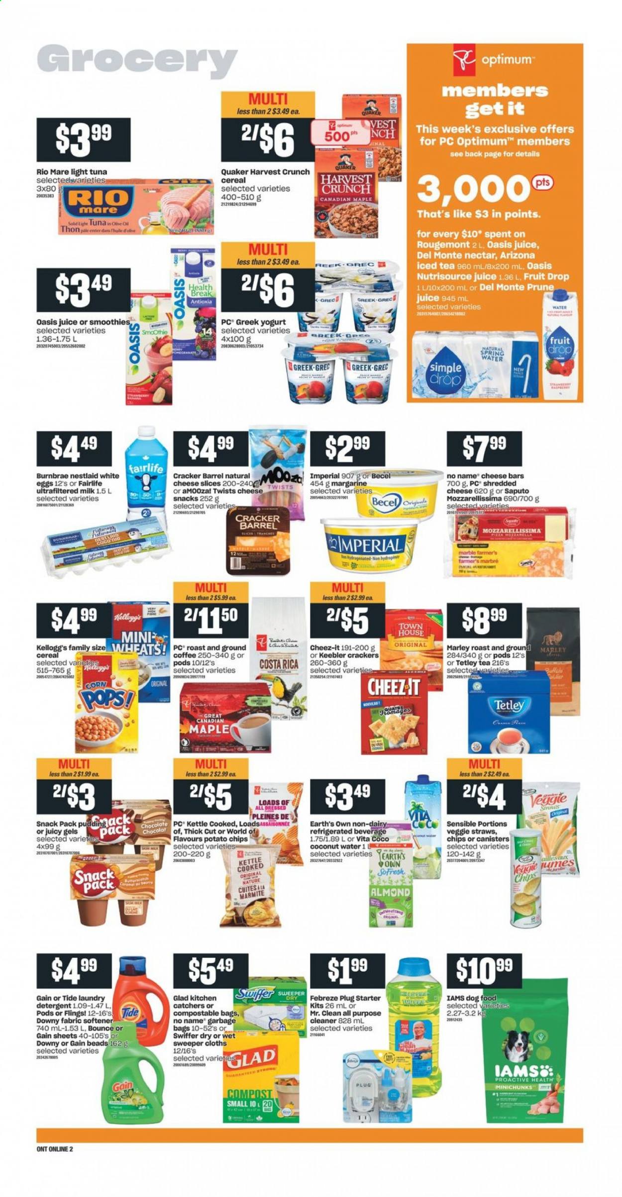 thumbnail - Independent Flyer - April 29, 2021 - May 05, 2021 - Sales products - corn, No Name, Quaker, shredded cheese, sliced cheese, greek yoghurt, yoghurt, milk, eggs, margarine, crackers, Kellogg's, Keebler, potato chips, veggie straws, Cheez-It, light tuna, cereals, juice, ice tea, coconut water, AriZona, spring water, coffee, Febreze, Gain, cleaner, all purpose cleaner, Swiffer, Tide, fabric softener, laundry detergent, Downy Laundry, bag, animal food, dog food, Optimum, NutriSource, Iams, chips. Page 6.